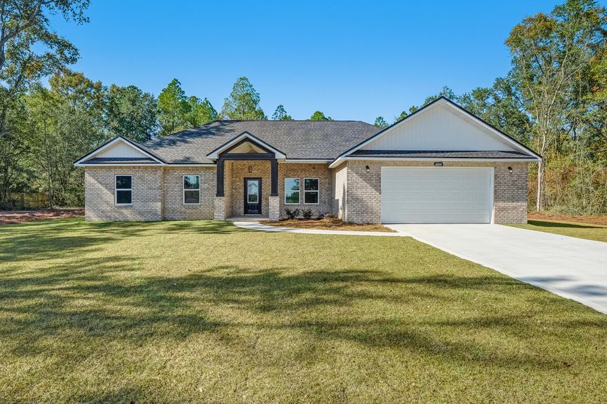 ***NEW CONSTRUCTION AND MOVE-IN READY!!!*** on 1.03 ACRE LOT in Crestview!!! This 4-bedroom 2-bathroom 1954 sq ft brick front home with vinyl siding boasts an open concept split floor plan that buyers have come to expect. This home will have beautiful finishes to include: LVP flooring throughout (no carpet), granite counter tops in the kitchen and bathrooms, all wood cabinetry, ceiling fans throughout, stainless steel appliances (refrigerator, smooth top range, microwave, and dishwasher and corner pantry. This plan offers a large living room, formal dining room w/ tray ceiling, and open concept kitchen with massive 8 foot island and breakfast bar. Enjoy the large master suite with tray ceiling. Master bath offers huge closet, double vanities, water closet, linen closet, and shower. On the opposite side of the home, you will find the three additional spacious bedrooms and a full bathroom. The bedrooms have a USB plug and outlet in each room. The home will have a spacious 2 car garage that leads to an interior hallway that leads to a mud room with bench / laundry room. The exterior of the home offers dimensional shingles, covered front porch in both the front and back yard. Don't forget the MASSIVE lot size at 1.03 ACRES. This lot has been cleared with a tree line around the property full that ultimate feeling of privacy. You will have plenty of room to add a yard building, pole barn, boat storage, RV storage and more.... Estimated completion of this home is Dec 1st of 2025. Buyer may have choice of colors depending on when the home goes under contract.
Don't miss out on your opportunity to own your NEW dream home on a large piece of land at an affordable price. Schedule your showing today!

