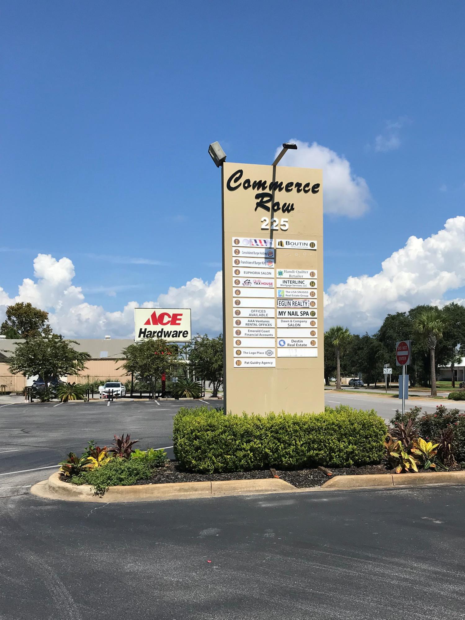 LOCATION, LOCATION,LOCATION...Popular professional office park located between Hwy 98 and Airport Road just North of the Destin Post Office ( Destin Airport, shopping, medical services and planned traffic bypass.). Wonderful place to set up professional office with lots of parking. 800 sq ft Brand new 2T Compressor and Air Handler in case want to further subdivide unit). Beautiful new tile,paint and base boards , Kitchen storage. -refrigerator and MW ''as is. Very flexible floor plan. Unit has great visibility and light being in the middle of the U-shaped Commerce Row facing East, near mailboxes and handicapped parking area. New back door. CAM fee includes water and sewer. Single story unit. Sellers Licensed Real Estate Brokers.