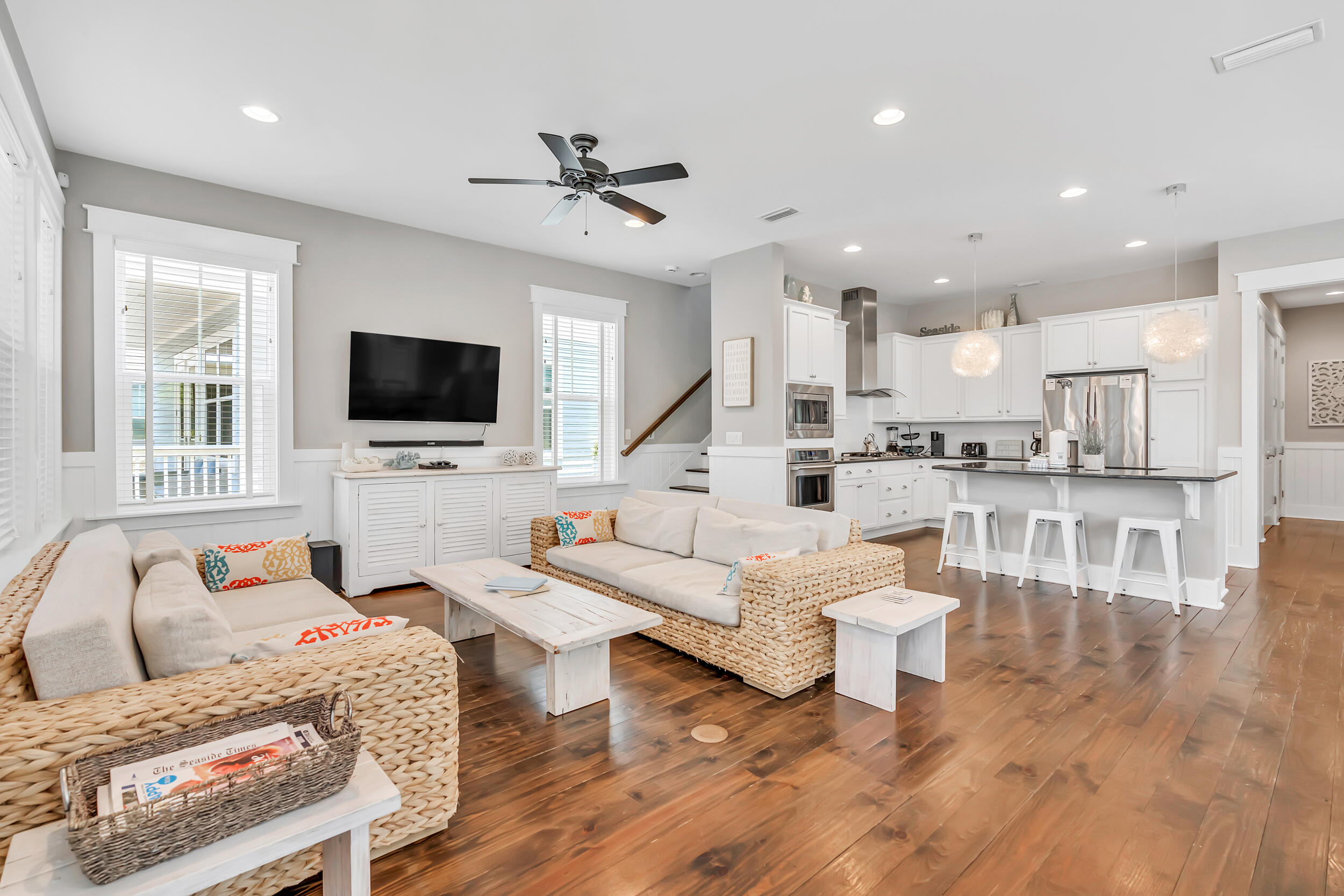 Welcome to the popular Wind Song plan in NatureWalk at Seagrove, a thoughtfully designed home offering both comfort and functionality in one of 30A's most desirable communities. This spacious retreat features two primary suites, each with generous ensuite baths including soaking tubs, perfect for relaxing after a day at the beach. One of the primary suites is upstairs and opens to a cozy private porch, while the home's large front porch invites front porch sitting, morning coffee, and friendly chats with neighbors. A rare 1-car garage and fenced-in dog run add both convenience and charm. Inside, you'll find a large open living room ideal for gathering with family and friends, while the upstairs loft offers a second living space where kids can relax and unwind. The custom bunk room is a true highlight, featuring built-in bunks with individual TVs, fun and functional for younger guests. Solid pine floors throughout bring warmth and timeless style to the home.
Set in the heart of NatureWalk at Seagrove, this home offers access to a premier coastal lifestyle. The community's signature amenity center, The Gathering Place, was recently updated and repainted and includes a heated lap pool, zero-entry pool, hot tub, fire pit, and more - perfect for enjoying endless summer fun with family and friends. Scenic trails wind throughout the neighborhood, with a trail to the beach that puts the Gulf just five minutes away by bike. You'll also enjoy pickleball courts, playgrounds, and plenty of green spaces that make NatureWalk such a vibrant and welcoming place to call home.
Beyond the neighborhood, NatureWalk boasts a prime location adjacent to WaterColor and just a short bike or golf cart ride away from Seaside, where you'll find world-class dining, shopping, and entertainment. Whether you're searching for a primary residence, second home, or investment property, this Wind Song plan delivers the perfect blend of luxury, location, and laid-back coastal living.