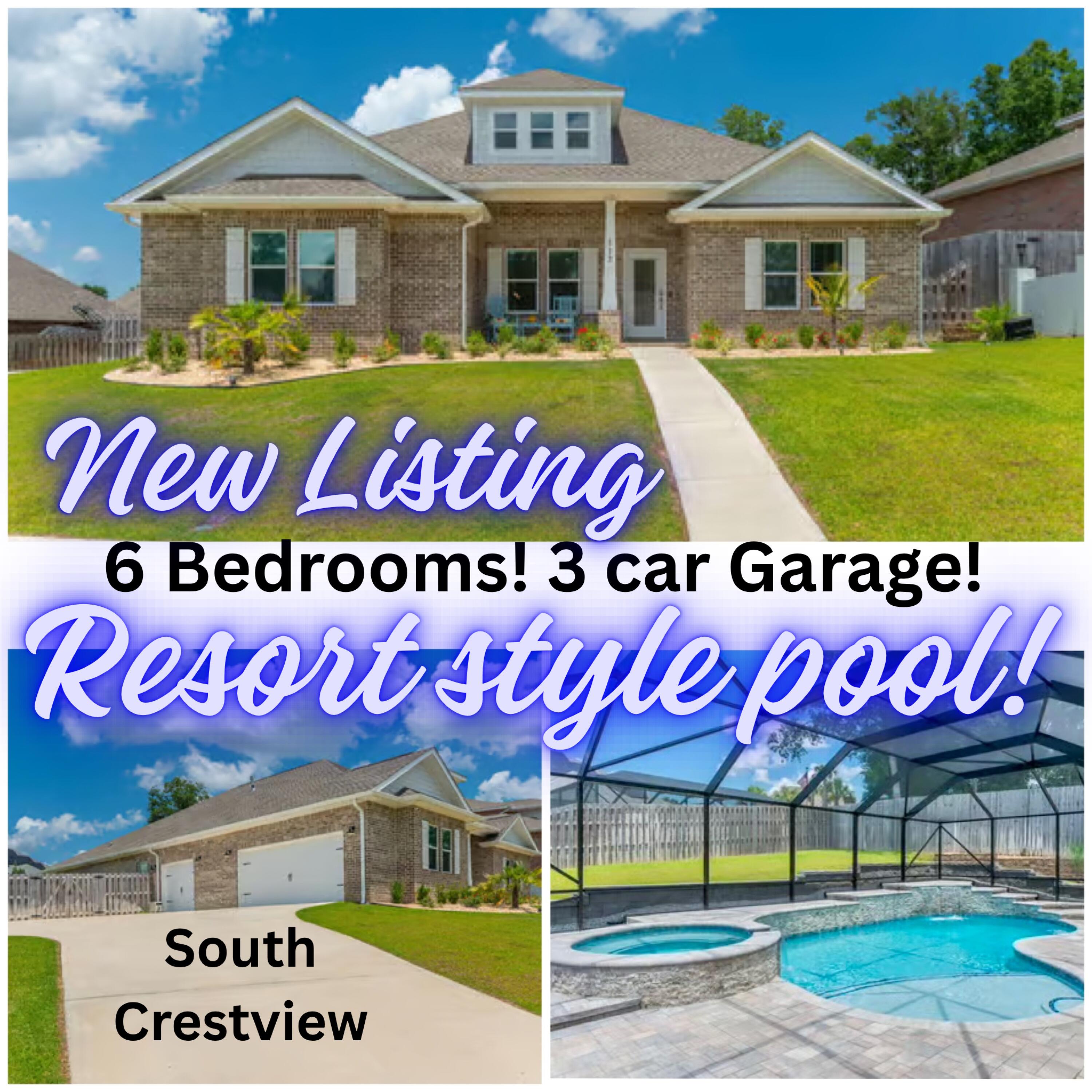 Better than new, this CUSTOM 6 Bedroom HOME was built in 2022 and the resort style SCREEN ENCLOSED HEATED POOL and HOT TUB was just installed in 2024! The oversized 3 car garage and porches feature custom epoxy floor coatings. This stunning quality built home is located in SOUTH Crestview and is packed with features and details such as tall tray ceilings, large windows, interior archways, a spacious open floor plan with a great flow, and wood look plank style flooring throughout for easy care and durability (NO CARPET!). The spacious open concept floor plan has a SO MUCH ADAPTABLE SPACE and flexibility of use. The Kitchen is a chefs dream featuring natural gas stove, wall oven and microwave, large island with quartz countertops, custom cabinetry, and a breakfast nook overlooking pool. The large Primary suite has a door that opens to the covered back porch and pool lanai, a large en-suite bath with custom tiled shower, separate soaker tub, double vanity with quartz tops, and huge walk in closet. The layout offers 2 bedrooms and a full bath off the main entry hallway, 2 bedrooms and a full bath in the back of the home off the kitchen, and a large 6th bedroom or office (with closet) with French doors just inside the main entry. If you are looking for flexibility of use and want rooms that don't feel cramped, this floor plan checks all the boxes! The tankless natural gas water heater ensures that you'll never run out of hot water and adds to the efficiency of this home. The neighborhood features sidewalks and a neighborhood park with playground. Located in South Crestview offering the quickest commute times with easy access to I 10, HWY 85, and HWY 90, and providing an easy drive to the area beaches and local military bases. If you are tired of "cookie cutter homes" and want and expect MORE this property should be at the top of your list. Call to schedule your private showing today!