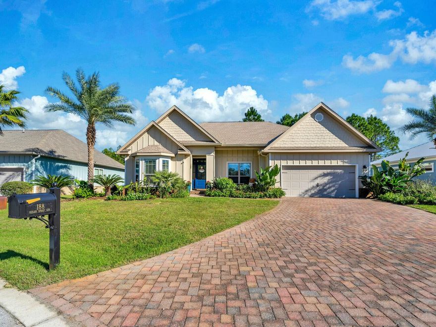 This lovely home is the best-priced opportunity to live the 30A lifestyle. Meticulously maintained and located in the beautiful, gated community of Cypress Breeze Plantation, it's only moments to the beach. Expertly positioned just across from a neighborhood green space, whether for a primary, secondary or short-term rental investment home, here's your perfect choice. The curb appeal of 188 Ocean Spray Circle is notable. Lush landscape extends from the front to back of the home, with coastal accents of Sylvester and Sago Palms. Toward the rear of the home is the exterior shower with a custom built surround. Spanning over 2,700 square feet, this single-story home offers a thoughtfully designed layout. It includes three generously sized bedrooms, each with custom-built closets, and a versatile flex room near the foyer, perfect as a fourth bedroom, office, or game room. At the heart of the home, the open floor plan unites living and dining areas with a kitchen featuring a custom built-in breakfast nook, which conveys with the home. The spacious primary suite is light-filled, offering a cozy sitting area and an ensuite with an extended vanity, a spacious walk-in shower, and a fully custom-built closet.

An additional flex space off the family room leads to the sunroom, complete with impact-rated windows and doors and its own mini-split HVAC unit. Just outside, a beautifully crafted paver patio awaits, featuring a pergola and gas grilling area, perfect for outdoor entertainment.

Throughout the home, you'll find a harmonious blend of hardwood and tile flooring, a neutral color palette, plantation shutters, new lighting and ceiling fans, shiplap accents, and solar shades in the sunroom. The LG front-load washer and dryer on pedestals are included.

Cypress Breeze Plantation is a vibrant community featuring a mix of full-time and seasonal residents. Enjoy weekly food trucks, community gatherings, and festive events, fostering a lively neighborhood spirit. The community's crown jewel is its expansive pool, one of the largest residential pools on the Emerald Coast, featuring waterfalls and fountainsa stunning oasis for relaxation and socializing.

Seize the opportunity to make this exceptional home yours!

Disclaimer: All listing details are considered accurate, but buyers are encouraged to verify all information as needed.