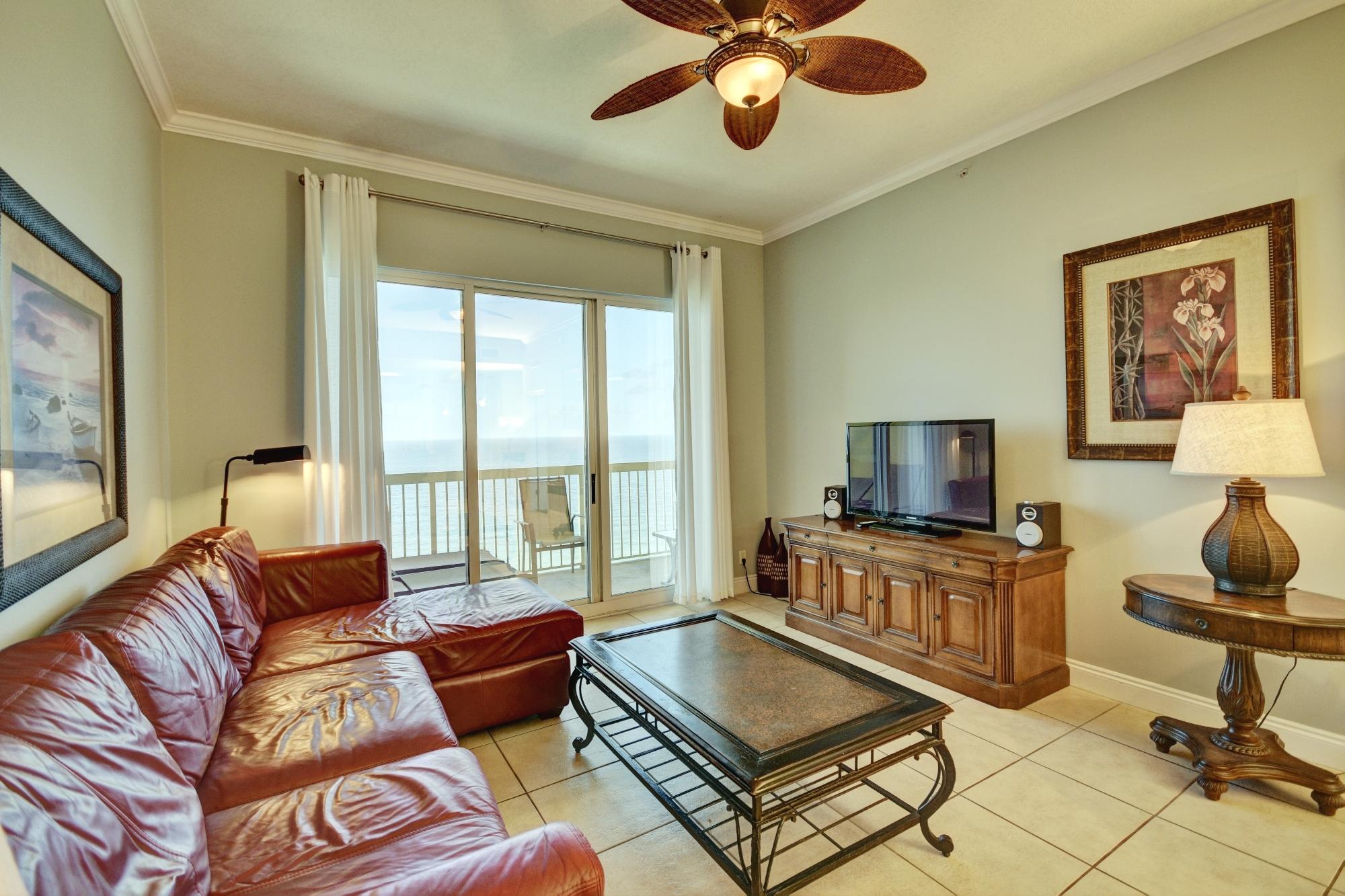 Deeded Parking Spot! You will be sitting on top of the world in this Penthouse level gulf front condominium at Calypso Resort and Towers. W2306 features 2 beds, 2 bath, and a bunk room that younger visitors are sure to love as their own space. This condo also comes with a dedicated parking spot under the West tower that conveys with the sale. No more searching for a parking spot across the street in the large parking garage. Savor the expansive Gulf front views from the living and dining room, kitchen and the master bedroom. The balcony overlooks the Gulf and is the best spot to bask in the warmth of the sun, or enjoy inspirational sunsets with loved ones. This condo has beautiful ceramic tile flooring throughout the main living area, carpeted bedrooms, and high ceilings.