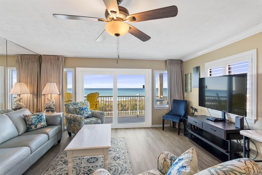 Destin Seafarer is a quaint 3-story building, located directly on the beach in the heart of Destin. A one bedroom fully equipped unit. With a king-size bed in the master bedroom, two bunk beds built into an alcove in the hallway, full-size kitchen, and a queen sofa bed. This unit is located on the 1st floor (ground floor is parking) with a breathtaking view of the beach. Beautiful, updated, turnkey, corner condo. HVAC condenser replaced in 2023. Come take a look you won't be disappointed. The on-site rental management company has over 30 years experience in the property management business.