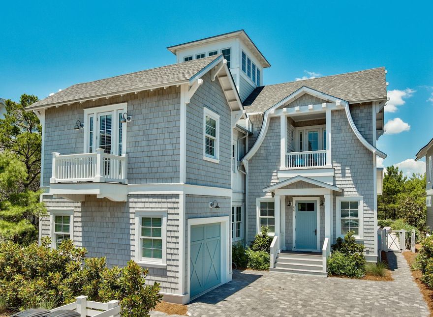 This exquisite home is a Watersound spectacular located just steps from the beach! Amenities include private heated pool backing up to Puttering Park, outdoor shower leading to master suite. Floor plan features 5 BR suites with 5 full & 2 half BA, large open light and bright kitchen with high end Viking Stainless Steel appliances. Circular staircase leads to 3rd floor viewing tower with Gulf views. White washed oak floors throughout, coquina shell fireplace and accents. Exquisitely furnished with tasteful decor.