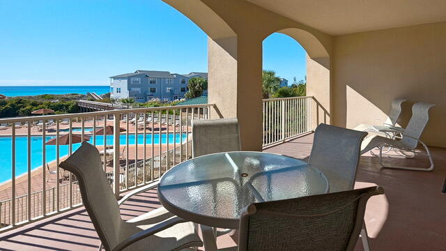 Spacious two bedroom plus bunk room with beautiful gulf views throughout. San Remo is a low density, gated, resort style community with exceptional amenities offering direct gulf access with plenty of beach. Enjoy the nearby local restaurants and shops of Gulf Place, all within a short walk should you choose. Afterwards come home and enjoy the quiet and seclusion of San Remo while sitting on your large balcony (approx 350 sq feet)overlooking the gulf. With room for dining and lounging, this balcony and gorgeous views is a rare find in a condo. The master bedroom offers balcony access and gulf views as well. Offering a spacious second bedroom, cozy bunk room, a laundry room, and a storage room, it's the perfect 30A condo. Buyer to verify dimensions and all relevant details.