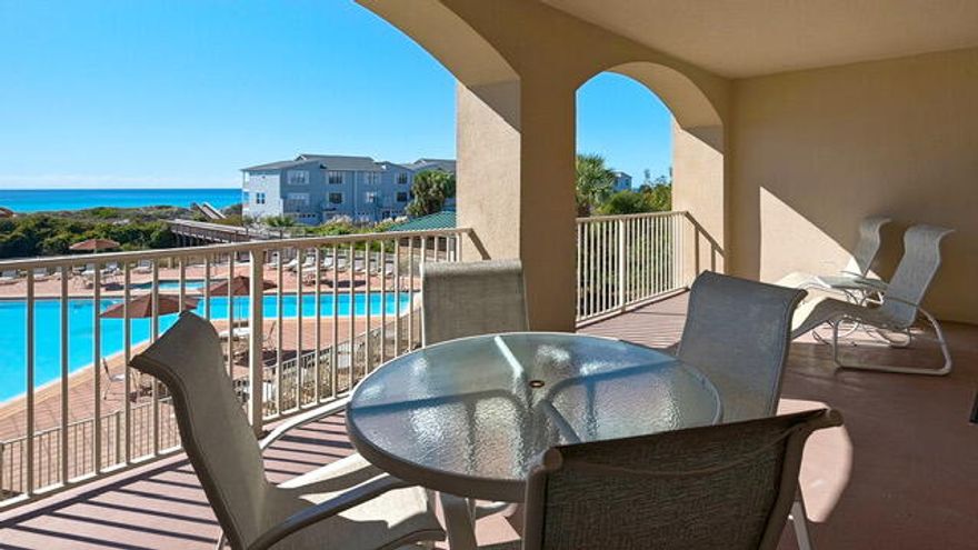 Spacious two bedroom plus bunk room with beautiful gulf views throughout. San Remo is a low density, gated, resort style community with exceptional amenities offering direct gulf access with plenty of beach. Enjoy the nearby local restaurants and shops of Gulf Place, all within a short walk should you choose. Afterwards come home and enjoy the quiet and seclusion of San Remo while sitting on your large balcony (approx 350 sq feet)overlooking the gulf. With room for dining and lounging, this balcony and gorgeous views is a rare find in a condo. The master bedroom offers balcony access and gulf views as well. Offering a spacious second bedroom, cozy bunk room, a laundry room, and a storage room, it's the perfect 30A condo. Buyer to verify dimensions and all relevant details.