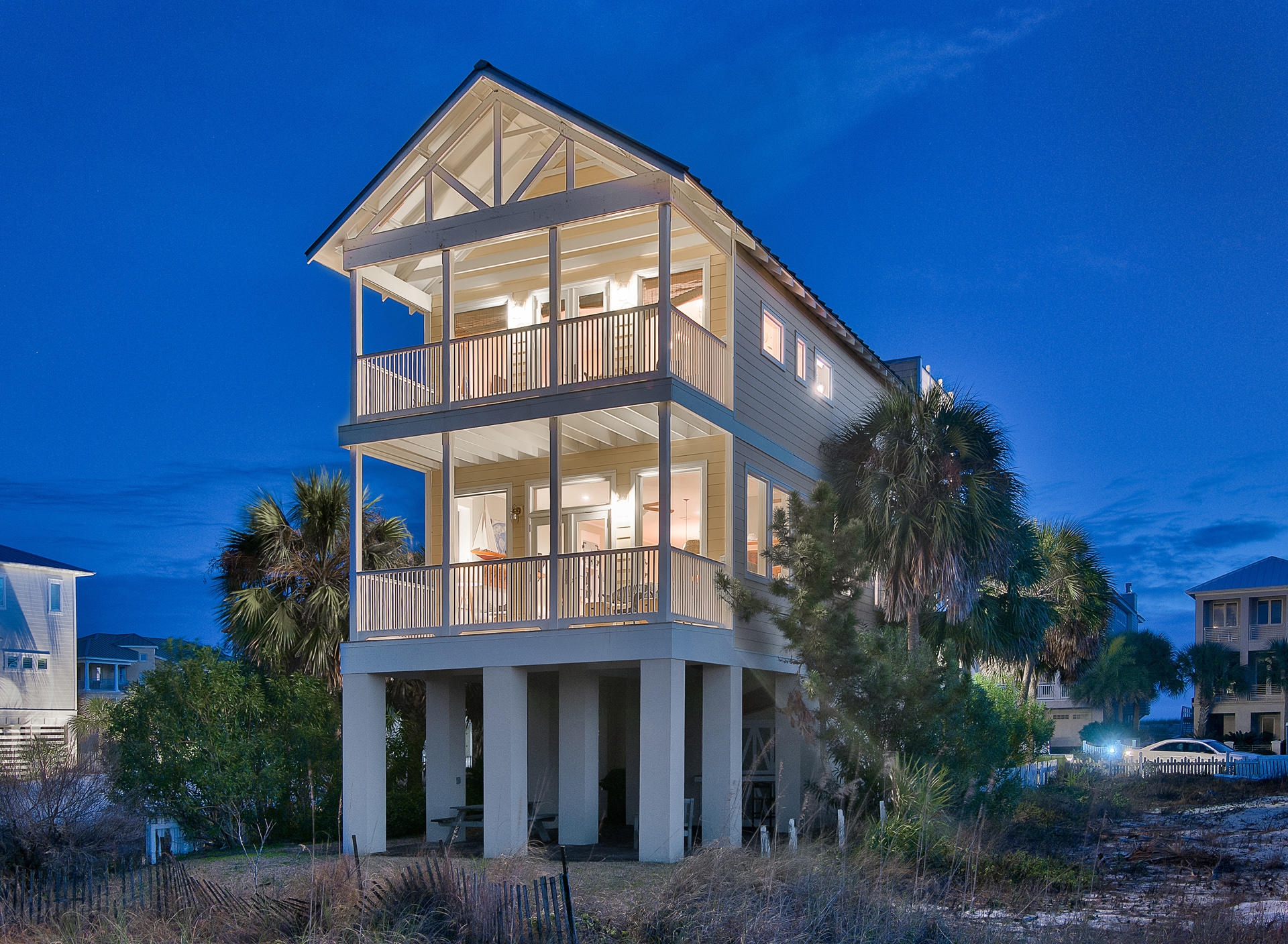 Aptly named, Bella Vista is perfectly situated to embrace picturesque views of the Gulf, Destin's East Pass, and Lake Christina. You will enjoy beautiful views from any of the five balconies. Every room takes full advantage of the surrounding waterways and boasts magnificent views. This beach cottage was redesigned and renovated in 2009 in a relaxed, coastal chic dcor to maximize the one-of-a-kind views of the three bodies of water. Rarely does a home blend views and space so intelligently. From the moment you walk in the door, you know this home is something special. Featuring unique architectural elements like iron, wood shelves, finials, wainscoting, a free floating staircase, and a built-in bench seat in the dining room,