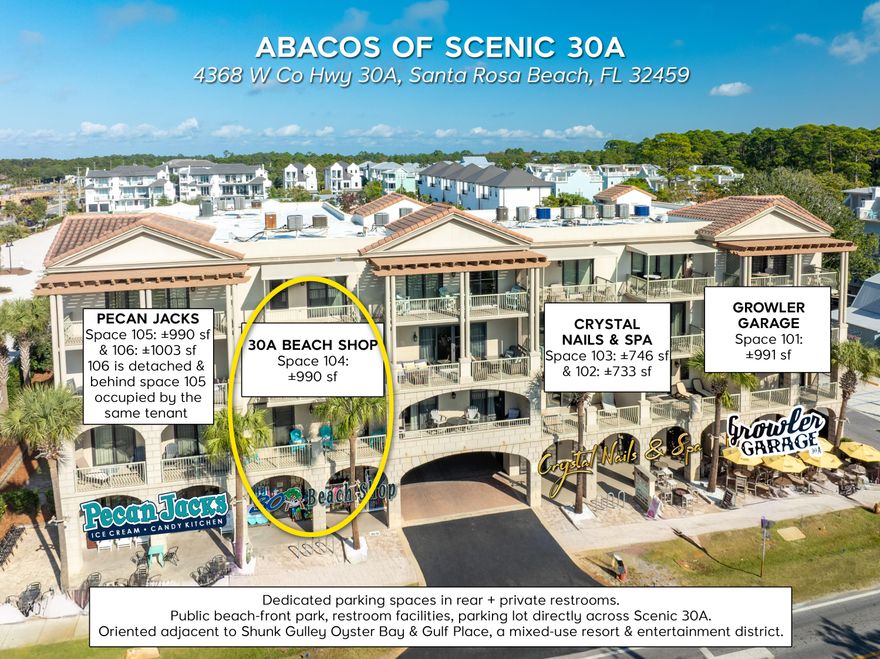 Prime commercial retail storefront on Scenic 30A in Santa Rosa Beach, Florida! This prime end-cap commercial space projects a strong presence on Scenic 30A in Santa Rosa Beach, Florida, and captures high visibility from the synergistic peripheral uses that include the mixed-use, entertainment development known as Gulf Place, and flanked by Shunk Gulley Oyster Bar & Papa Surf Burger Bar; all located directly across from the expansive and popular public beachfront park known as Ed Walline Regional Beach Access (located at 4447 County Hwy-30A W, Santa Rosa Beach, FL 32459).  Abacos offers dedicated parking spaces for patrons, and the site has exceptional access from Highway 98 via County Road 393 and Scenic 30A.  Please inquire for further details.  Showings require a minimum of 48 hours...