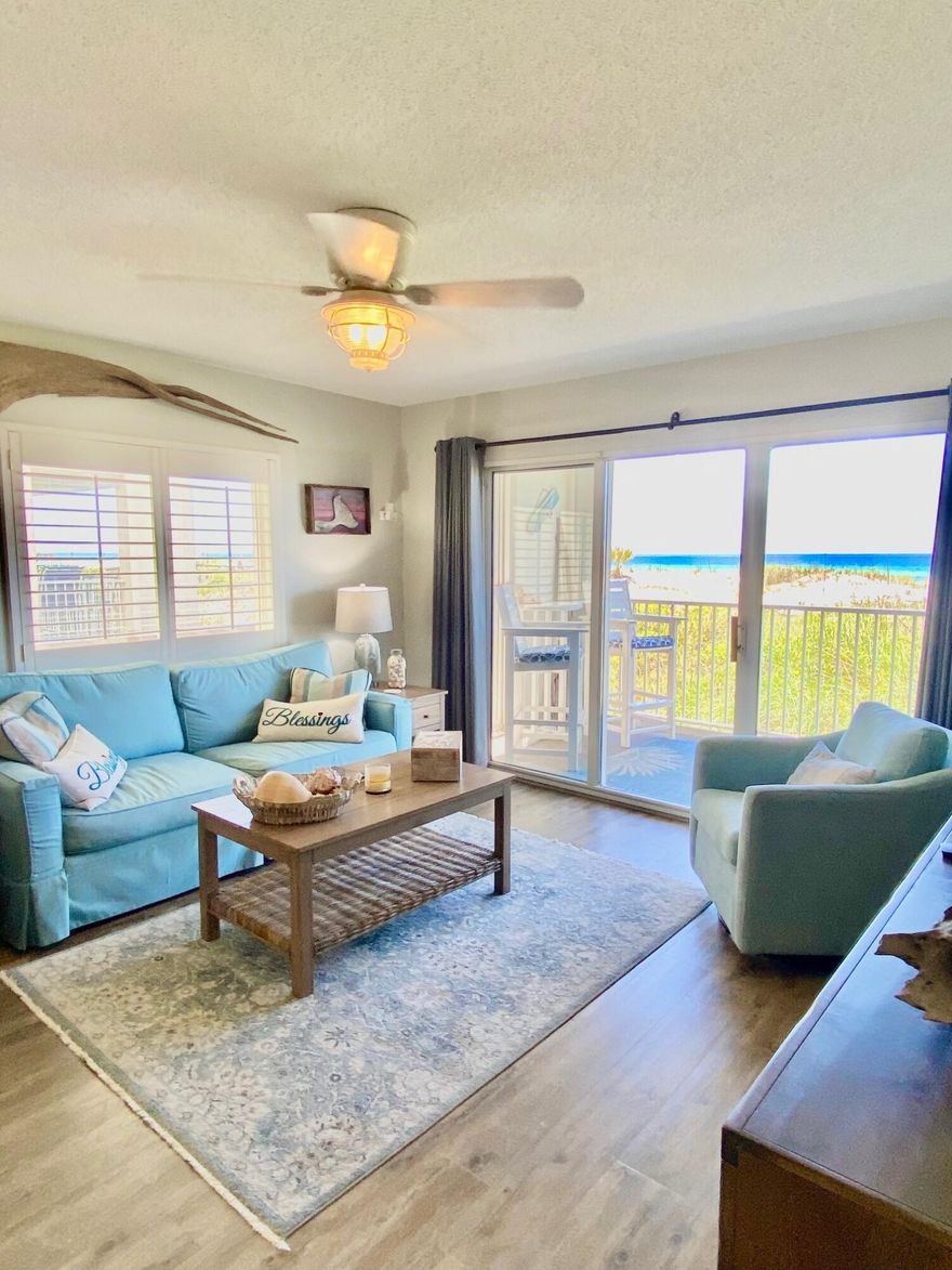 TRULY AMAZING & RENTAL READY!  Fabulous Gulf-front unit has been completely remodeled & overlooks the sugar-white dunes of Okaloosa Island!  Located just above a coveted, deeded, over-sized parking space in the covered garage!  Renovations include: quartz countertops...spectacular master bath update with glass & tile shower...new lighting...remote-control ceiling fans... water heater 2018...washer & dryer 2021...lovely hall bath renovation with glass & tile...professionally installed hurricane shutters across the balcony...luxury, vinyl plank flooring throughout...kitchen cabinetry refinished & fresh paint throughout! Gulf Dunes offers two pools--East Tower pool is heated in winter! Exercise Room on the lower level...Tennis Court...Beach service...Boardwalk to the beach...Patio with grill West Tower was built in 2001...Rental opportunity currently $4000/week!  New Coastal rated 3 ton HVAC system w/variable fan speed, humidity control, UV air quality insert, and ECOBEE wi-fi
controlled thermostat. Ten year warranty!
