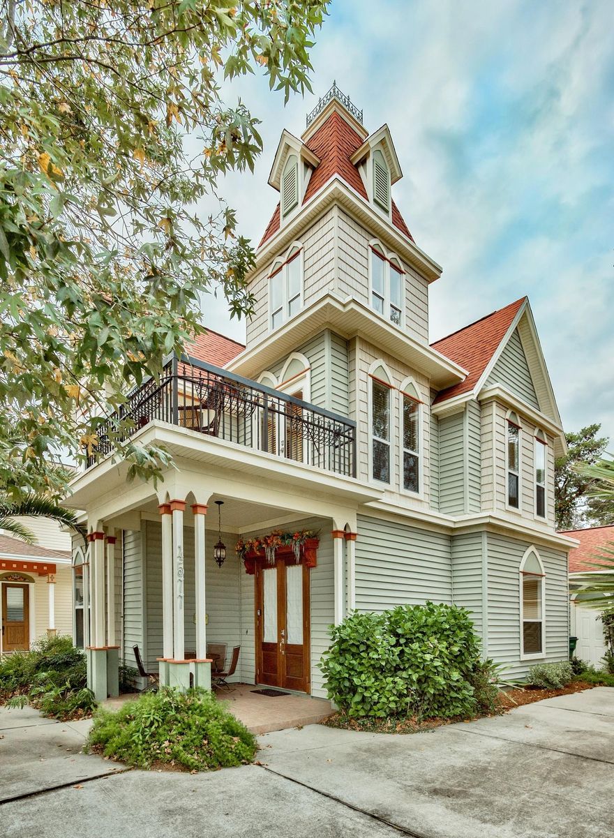 Enjoy this charming Italian Victorian home in quaint Sovereign Isle, a 37 home bedroom community next to Crystal Beach and south of US 98. The home was custom designed with attention to details. Hardwood flooring downstairs, cherry cabinets, open floor plan. Master with private en suite bath and breakfast bar. Office also on ground floor. Master bath has separate soaking tub and shower, and large walk-in closet. Two additional bedrooms with large closets and shared hall bath upstairs. Unique tower in upstairs bedroom with 16 ft. ceiling. Upstairs balcony accessed from both bedrooms. Over sized one car garage, big enough for car and golf cart. Common area has heated swimming pool with bath houses, Koi ponds, and gas grills. Short 3 blocks to the beach. Assoc. dues $355 Qt.