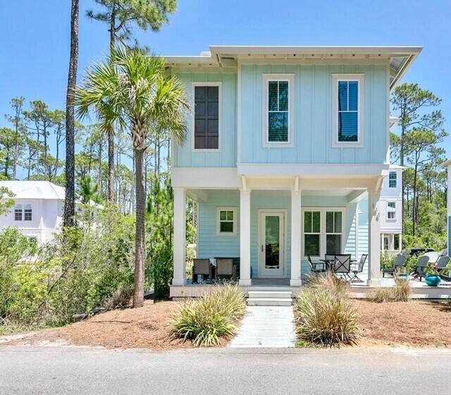 This home really gives off the BEACH VIBEZ! This 2-story beachy home is situated in a  newer gated community just off Hwy 98 with easy access to 30A and all the new development going on at WaterSound Town Center and WaterSound Camp Creek. There is a community pool just around the corner within walking distance. Home is attractive and has good curb appeal! You also get a great feeling when you walk inside - it's fresh and clean and features on trend designer furnishings with quality finishes. All bedrooms have ensuite baths. Bunk beds are custom built ins. Exterior features include a large deck and storage shed. Home is being sold fully furnished and has been a solid vacation rental.