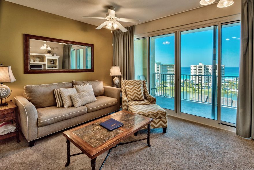 Great panoramic views from this 12th floor one bedroom/one bath unit. The kitchen boast granite countertops and dark wood cabinets. The one bedroom floor plan sleeps six with a pull out couch in the den and hall bunks. Ariel Dunes II features three large pools totaling 12,000 sq. ft.Ariel Dunes II is in Seascape Golf and Tennis resort - a gated community offering amenities such as golf, tennis, and conference center as well as deeded beach access to over 2,000 ft of beautiful white beaches. Ariel Dunes II has some of the best views in all of Destin! All measurements are approximate and should be verified by buyer.