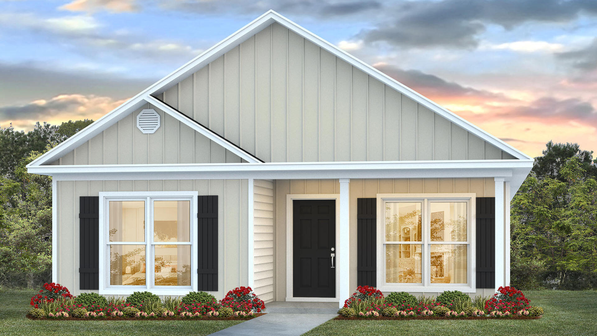 The Owl's Head community is conveniently located off of Highway 331 in Freeport. We are only 8 miles to Interstate 10, and 16 miles to beautiful beaches and Highway 30 A. We offer 6 floor plans, 3 and 4 bedrooms. All homes have rear entry garages. This community offers a community area with paved walking trails and a spring fed lake. | The Porter plan is an open floor plan with 3 Bedrooms, and 2 bathrooms. It has a covered front porch. The primary bathroom has a separate shower and large soaking tub. Elegant, engineered vinyl plank flooring in the kitchen and living area pops against granite countertops and upgraded wall to wall carpet lines the bedrooms.