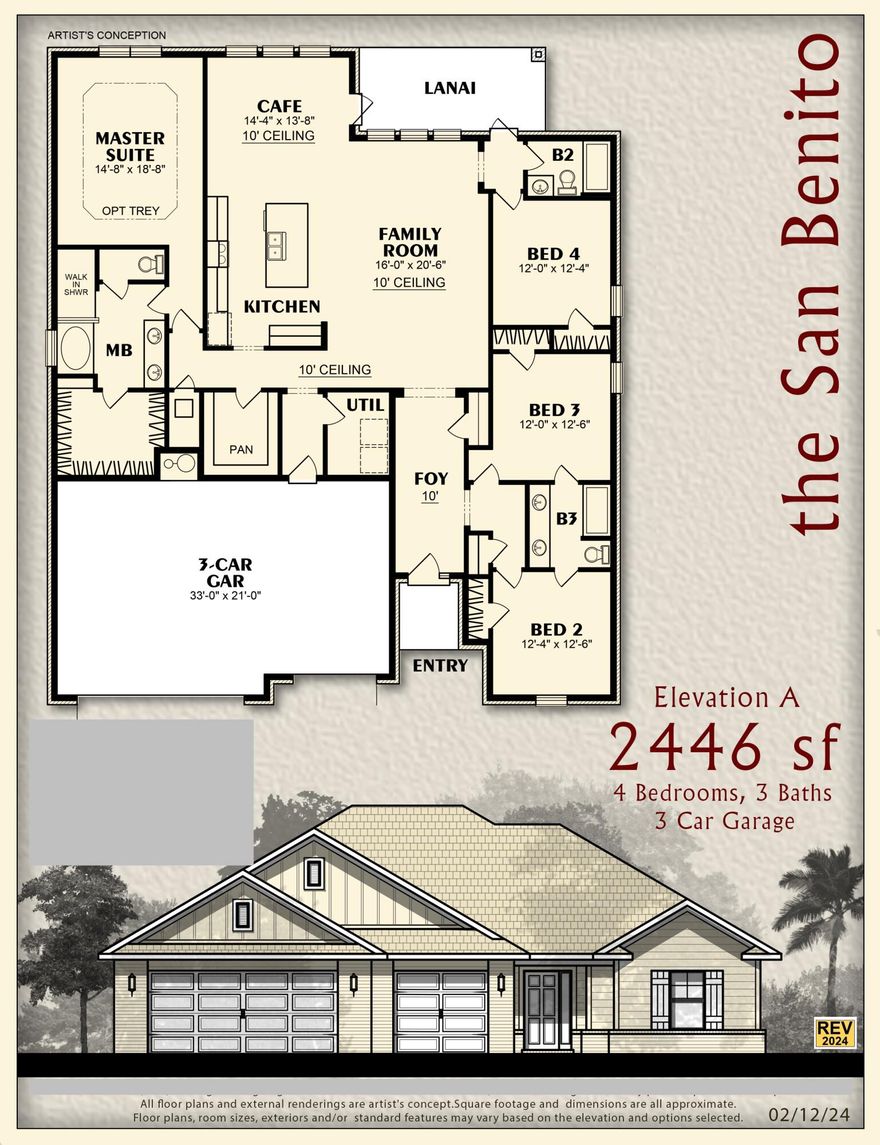 This Plan Features: 2 x 6 Exterior Construction, 3 CAR GARAGE, 4BR/3BA & Breakfast Cafe * 10 Ft Ceilings & Laminate Wood Plank Flooring in Main Living Areas * Granite Countertops Kitchen & Baths * Tile Flooring in all Baths* Kitchen: Granite Island, Stainless Steel Appliances & Walk In Pantry * Soft Close Cabinetry * Main Suite w/ Trey Ceiling & Main Bath with Builders Signature Zero Entry Walk in Tile shower w/ 2 Shower Heads, Separate Soaking Tub, Double Vanities & Large Walk-in Closets * Ceiling Fans All Bedrooms, Family Rm & Rear Covered Lanai * Irrigation & more.