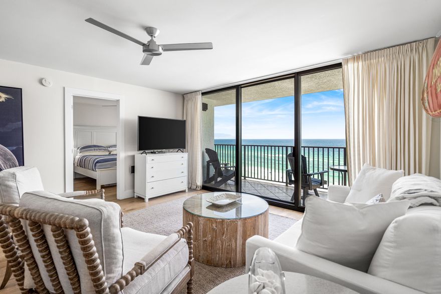 Welcome to this lovely 2-bedroom, 2-bath condo with fabulous gulf views from Destin to Panama City. This condo was completely renovated in 2015, including a full replacement of the kitchen, baths, furnishings, flooring, light fixtures, fans, window coverings, doors, and hardware. Engineered hardwood French oak in the living areas and bedrooms and tile flooring in the baths. The ceilings and walls were smoothed, as well, giving the condo a modern, updated look. HVAC was replaced in 2019 and water heater replaced in 2022.  New LR sofa/chairs and porch furniture in 2023. Not only is this condo aesthetically pleasing, but it has been a top-performing unit for the past 8 years, consistently ranking in the top ten grossing units. Easy investment with a great return!