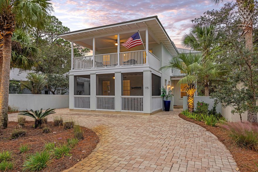 Fortified concrete construction home located just a short stroll from the beach in Seagrove. This custom built design in Gulf Shore Manor has been meticulously maintained by it's current full-time residents. The prime location is just 0.21 miles from the deeded beach access and the sugary white sands of 30A making this home ideal for rental investment, second home, or primary. A perfect blend of indoor and outdoor space is evident in the screened-in lower level porch, backyard with heated saltwater pool, upper level porch, and well designed interior floor plan. The lower level consists of a spacious living room with thoughtfully curated built-in shelving and an exterior door to the screened porch. Flowing from the living area you will find an open concept kitchen and dining area with a large kitchen island. The kitchen has been beautifully remodeled and has a convenient pantry area. You will also find a powder room and laundry on the main level. This home coveys fully furnished, apart from the exclusions list. Recently added LVP flooring rounds off the aesthetic features. The upstairs contains the master suite with ensuite bath, spacious closet, and large exterior covered porch. There are also 2 additional bedrooms and a bath on this level. The 3rd floor landing provides a plethora of potential uses and has an additional viewing deck. The backyard provides a relaxing oasis with updated heated pool and lawn area. The property has ample parking with it's pavered circular drive and additional drive on the south side of the home in addition to the mature landscaping. Gulf Shore Manor is perfectly positioned in the heart of 30A with deeded beach access and no HOA fees. Just a short stroll to Seaside and all that 30A has to offer!