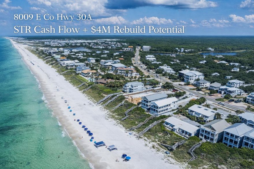 8009 E Co Hwy 30A presents a rare dual-exit investment opportunity in one of the most sought-after STR corridors on East 30A.Offered at $1,725,000, this property is currently operating as a 5-bedroom short-term rental with a private pool no HOA, and strong income performance, while also offering compelling redevelopment upside.Income Snapshot: 2025 Gross Revenue: $143,773 AirDNA projected revenue: ~$159K+ Submarket Score: 87 (Rosemary/Seacrest corridor)With full-year availability and optimized marketing, this asset supports continued cash flow while evaluating long-term repositioning. Conceptual plans available for a luxury 5-bedroom, 3-story + rooftop design with private pool. New construction in this immediate East 30A corridor is trading in the $3M-$4M+ range depending on finish level and positioning.

The property offers:
- Walkable public beach access
- Private fenced pool
- No HOA
- STR-friendly location
- Strong East 30A positioning between Alys Beach and Watersound
Investors can operate for income now and rebuild later, or reposition immediately to capitalize on new construction pricing in this high-demand corridor.

Full investor package available upon request, including AirDNA data, conceptual plans, and nearby new-build sales. Agents check documents section for data.
