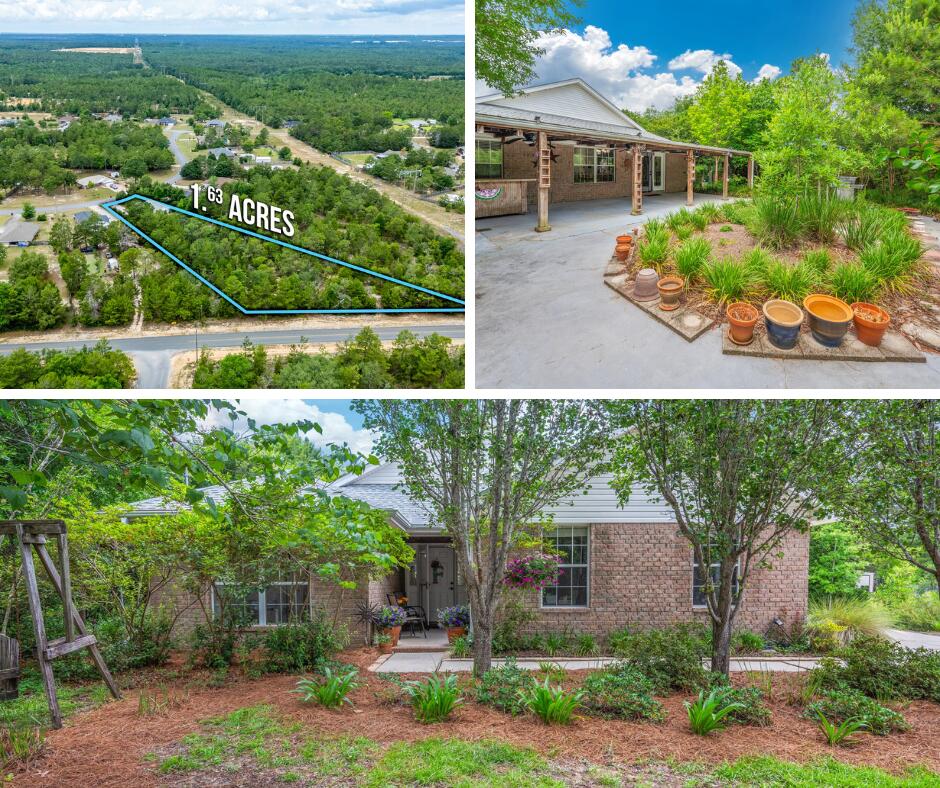 *Meet your new homestead!*Beautifully maintained brick home on 1.63 acres w/easy access to I-10 & 285! Serene yard space and gardens surround this property, offering the perfect oasis to get away from the chaos of life.There are walking paths throughout the 1.63 acre lot, which has access points from both Flag Tail & Mt Olive Rd(see survey/aerial view).This home was lovingly maintained over the years & enhanced with a new roof, LVP flooring throughout, and a fresh paint job. The floorplan offers 4 large bedrooms + flex room,which would be the perfect spot for nursery or office.Master bath has 2 large walk in closets, large tub, & dual vanities. Massive back patio is covered and offers the ideal spot to enjoy evenings in your backyard oasis. 45 mins to the beach-30 mins 7SFG-40 mins Egli