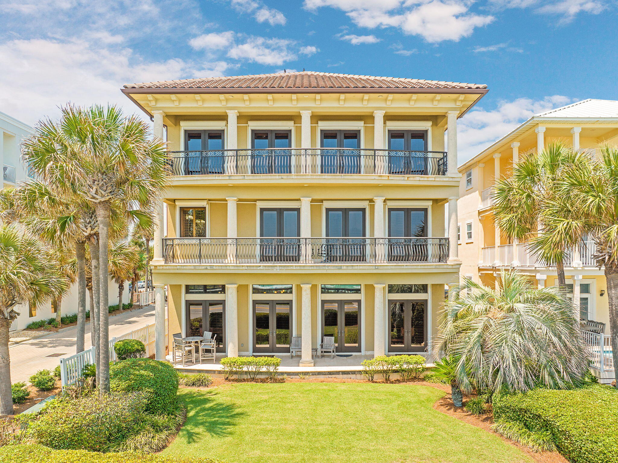 Welcome to 17 St Martin Cir, a breathtaking luxury first-tier Gulf-front estate located in the sought-after Miramar Beach, FL in the gated community of Miravilla Shores. This stunning single-family detached home offers an expansive 5,521 square feet of living space, meticulously designed to provide an unparalleled living experience. Boasting seven spacious bedrooms and eight luxurious bathrooms, this home effortlessly combines elegance and comfort. Upon entering, you are greeted by a grand foyer leading to an inviting dining alcove, perfect for hosting intimate gatherings. The chef's kitchen is a culinary masterpiece, featuring a breakfast bar, butlers pantry, double oven, and top-of-the-line Energy Star appliances that include a double refrigerator, professional gas range, and range hood. Sleek stainless steel appliances and premium counters complete the sophisticated design. Make your way to the second floor by grand stairway or elevator and be greeted by four bedrooms, including the luxurious Gulf-facing primary suite with breath-taking, unobstructed beach views from the expansive 39' balcony. Catch a sunset view while soaking in the large soaking tub located in the primary bath, further featuring a walk-in shower, dual vanities, and two walk-in closets. The Jack and Jill style bedrooms share a full bath with walk-in shower, and guest count is maximized in the bunk room which features a charming Juliette balcony and additional full bath. For further entertainment and relaxation, you will find a recreation room/lounge area with a double-sided gas fireplace, a fully-equipped wet bar with two 50 inch tv's, GE ice maker, GE wine chiller, and card table for the perfect game night on the Gulf. From the 39' third-story balcony you will be mesmerized by the most iconic views of the Gulf that Miramar Beach has to offer- the perfect location to watch the 4th of July fireworks, which are visible as far as the eye can see. There simply is not a better view in town than from this balcony! Relax in style in the media/recreation room or unwind in the cozy library/den, both offering versatile spaces for entertainment and leisure. The home's working fireplaces add warmth and charm to the main living area and two Master Suites. Step outside to discover your private oasis, complete with stunning 3-story terraces and balconies, ideal for soaking in the incredible Gulf views and enjoying the beautiful Florida weather, with the option to add a Gulf-facing private pool. The property is fully furnished to a high standard, ensuring a seamless move-in experience. Security is paramount, with features including a security patrol, security gate, security system, and video security providing peace of mind. This exquisite property combines luxury, privacy, and security, making it an exceptional place to call home. Don't miss this rare opportunity to own a piece of paradise in Miramar Beach.
