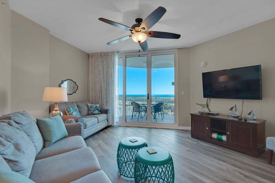 This condominium boasts our beautiful sunrise views! This condo is located on the 8th floor with Gulf and Bay Views. This unit has been recently  updated with new flooring and is completely turnkey.  Great floor plan boasting 2 bedroom unit with a private washer and dryer in the unit. The Palms of Destin is a two building condo complex located in the heart of Destin. Featuring an 11,000 sq. foot lagoon swimming pool, first class fitness center and spa are also located on site, as well as tennis and basketball courts and covered parking. Coffee shop on site that also serves food and a shuttle to run to the beach and shopping.