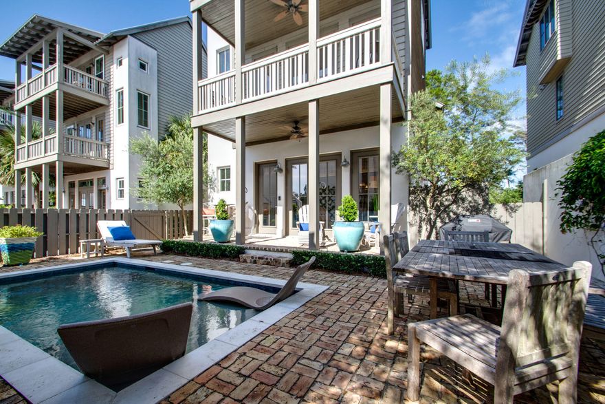 Great location next to Rosemary Beach with easy walk to beach, shops and restaurants. Main house offers 3 bedrooms with private baths and a bunk room that sleeps 4. The open kitchen & living area offer a large island and gas FP. French doors open to the porch and pool area with alfresco dining. The carriage house offers a living and kitchenette with Queen bed, full bath and french door to outdoor balcony. The garage offers a full size additional refrigerator and full size W/D. Great investment with no HOA. Walking path to The Pointe and Big Bad Breakfast. Currently rented through 360 Blue wi