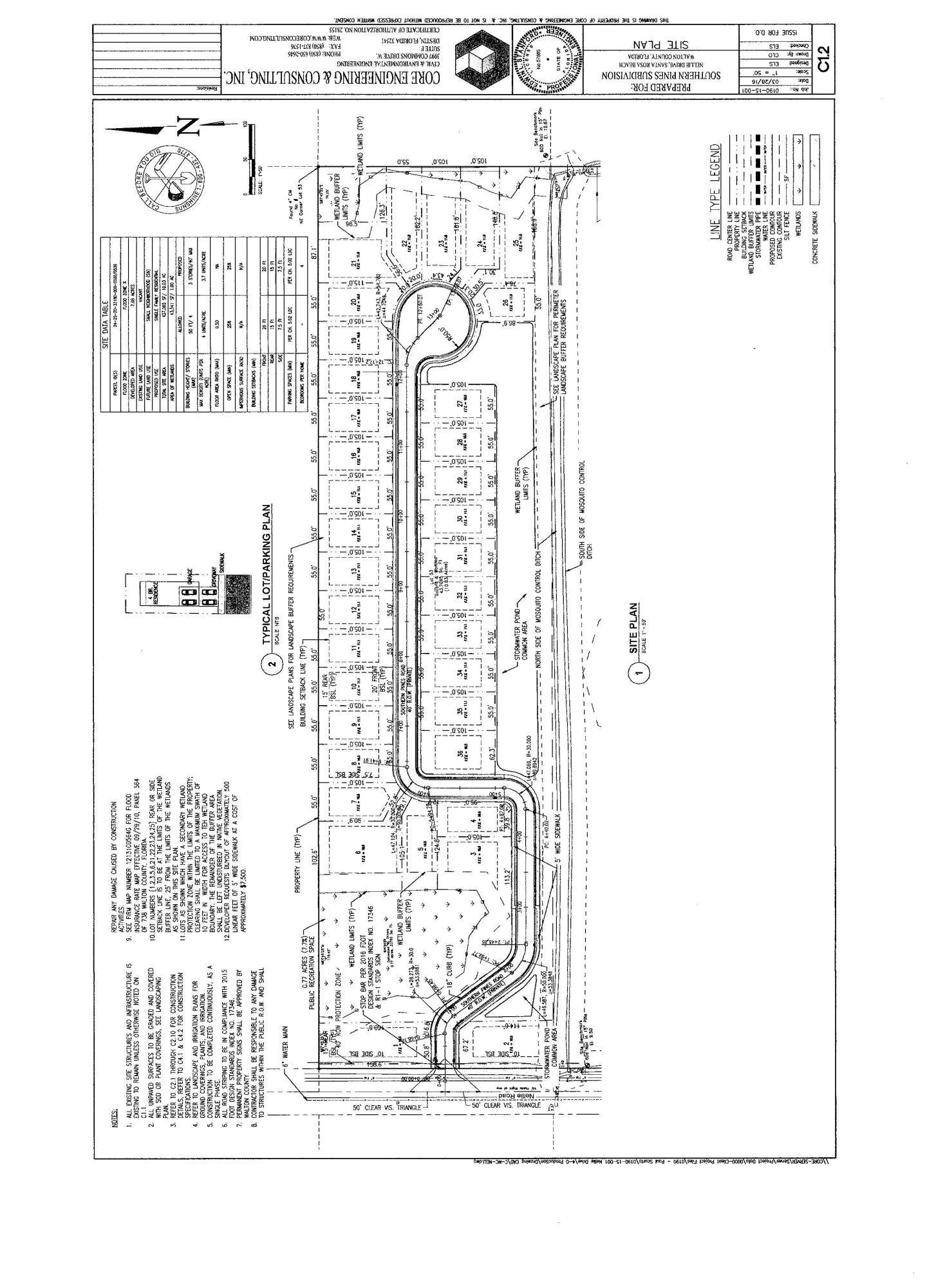 10 Acres ready to develop. Property sold with Development Order for 36 lots, each lot is 55'X105' for single family homes.Not in Flood Zone (flood zone X). See site plan (pictured). Close to shopping, parks, beaches, hospital, etc.Great location...Great Price!