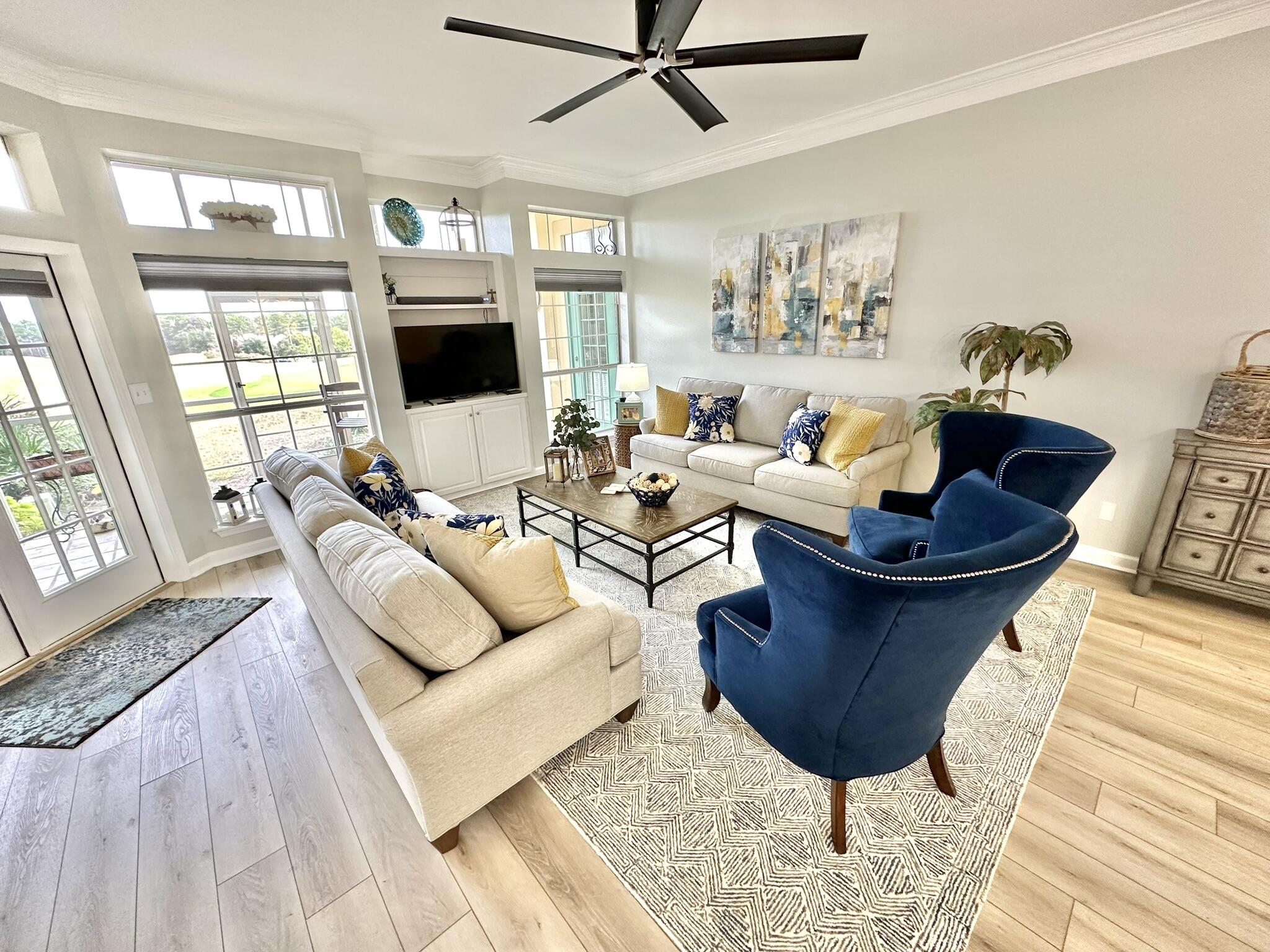 5274 Tivoli Way is a gorgeous three bedroom, three bath coastal home located on the beachside of 98 in the immaculate gated community of Sandestin. It is on the ground floor and has been fully updated in January 2023 to reflect the unique coastal charm that is well suited for this area. Included is a dedicated golf cart parking spot with charging ability.New HWH in 2023, new roof in 2018 and HVAC in 2015.You will love sitting on the screen porch and watching the golfers playing the 13th green of the Baytowne Golf Course.  The open floor plan and high ceilings give a great feeling of volume to the property.   Lots of space makes you feel calm and relaxed too.  Pictures do not do the property justice, so please call to come and see it for yourself.