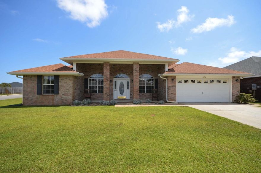 All brick Contemporary home, built in 2004. 4 bedroom, 2 bath, raised elevation floor plan; PUD with curb and gutters. Interior features: Open/split floor plan with office/formal dining room, raised ceiling, plant ledges. Breakfast bar opens to the dining room, deep ss sink, upgraded faucet, stainless steel dishwasher, ss refrigerator, white microwave and electric range. Large pantry, ample cabinet space, lighting and ceiling fans coordinated with builders package. Color palette neutral, and newly painted. Master has treyed ceiling, ceiling fan, large walk-in closet, double vanity, whirlpool tub and separate shower. Additional bedrooms adjacent to living area. Two of the additional bedrooms have a connecting full bath. And, the third and independent bedroom suitably an in-law or guest