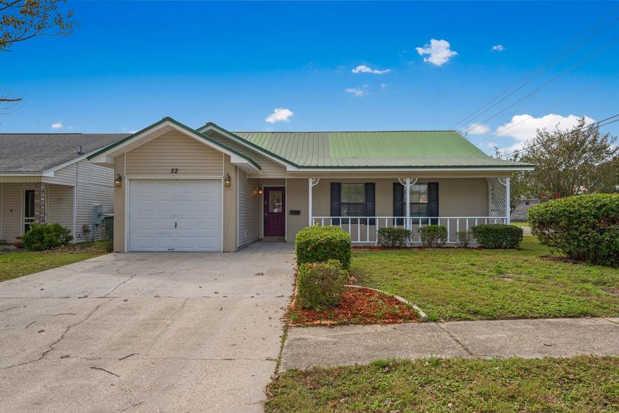 This one is BUYER FRIENDLY! Stop by to see how the livingroom lets the outside in! The home is refreshing in its simplicity yet elegant enough to offer the location for wine and glasses!  The life enduring metal roof help reassure you that you will always have a roof over your head with this one.  The location lends itself to a short ride to the incredible waters of the Emerald Coast and great stores and dining in the center of Ft Walton Beach! The front porch enables even the calmest person some excitement with the privacy of the area! All new floors, all new paint and opportunities to make it yours are right here! Custom master closet with lighted shelving just add to the opportunity! This one challenges comparisons and leaves the opportunity to knock on this door to make it yours today!
