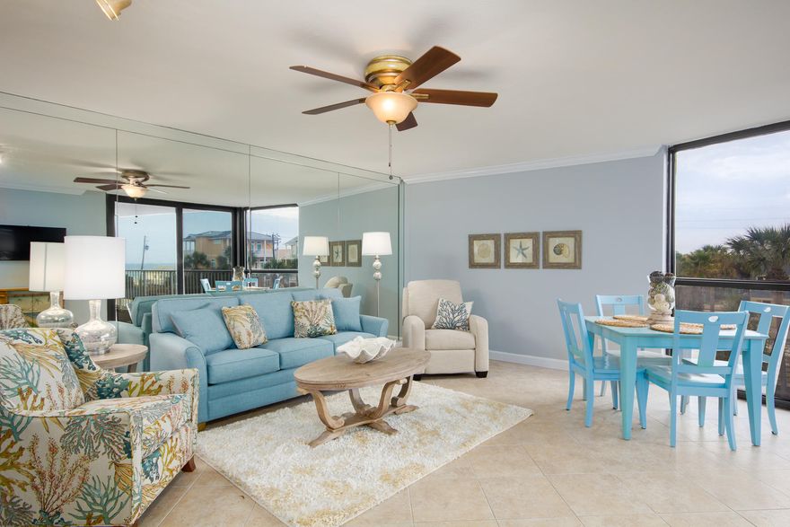 Located within the gated community of Mainsail, this beach condo offers the perfect blend of modern updates with cozy coastal decor. Beautifully updated with granite counters in the kitchen & baths, stainless steel appliances, fresh paint throughout, new coastal chic living room furnishings, new outside HVAC & new sliding doors. Enjoy views of the gulf while relaxing on the private patio accessible from the family room or master bedroom. Conveniently located within steps to the clubhouse with resort pool, spa, grilling area, tennis & basketball courts, and the private deeded beach access. Parking is a breeze with covered garage parking. Mainsail is located across the street from the Sandestin Outlet Mall full of dining and shopping options.