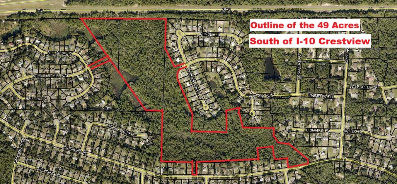 SOUTH OF I-10 IN CRESTVIEW - 49 ACRES WITH MULTIPLE ACCESS POINTS. THIS IS A RARE FIND! CHECK OUT THE PHOTOS - 4 Separate Parcel ID #s. Paved Road Frontage to include the following locations between 356 & 358 John King Road, between 386 & 406 John King Rd, the back part of STONEBRIDGE SUBDIVISION, between 2822 Penny Ln & 4820 Summer Creek Cv. There is a city access to the Property on West Old Mill Way between 101 Mill Stone Cv & 101 Mill Pond Cv. The Parcel ID Numbers are as follows: 28-3N-23-0000-0018-0000, 28-3N-23-0000-0017-0000, 28-3N-23-0000-0017-0020, 33-3N-23-0000-0001-0000. Buyer to do their due diligence with their intended use of the property. The Property can also be sold in 2 separate parcels of 22.24 Acres off John King or 26.76 Acres off Old Mill & Summer Creek. CLICK MORE This is vacant land. The seller has never occupied the property. There are no property disclosures. The buyer is responsible to satisfy themselves with any information they deem important. The due diligence period should be completed within 30 days.