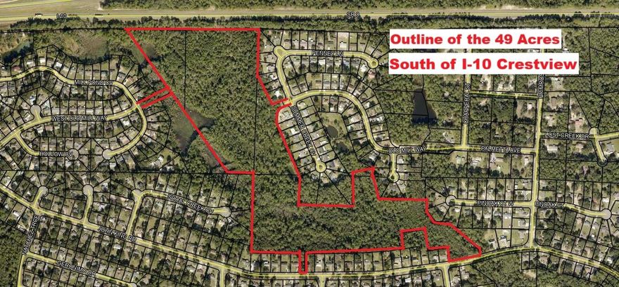 SOUTH OF I-10 IN CRESTVIEW - 49 ACRES WITH MULTIPLE ACCESS POINTS.  THIS IS A RARE FIND! CHECK OUT THE PHOTOS - 4 Separate Parcel ID #s. Paved Road Frontage to include the following locations between 356 & 358 John King Road, between 386 & 406 John King Rd, the back part of STONEBRIDGE SUBDIVISION, between 2822 Penny Ln & 4820 Summer Creek Cv. There is a city access to the Property on West Old Mill Way between 101 Mill Stone Cv & 101 Mill Pond Cv. The Parcel ID Numbers are as follows: 28-3N-23-0000-0018-0000, 28-3N-23-0000-0017-0000, 28-3N-23-0000-0017-0020, 33-3N-23-0000-0001-0000. Buyer to do their due diligence with their intended use of the property. The Property can also be sold in 2 separate parcels of 22.24 Acres off John King or 26.76 Acres off Old Mill & Summer Creek. CLICK MORE This is vacant land. The seller has never occupied the property. There are no property disclosures. The buyer is responsible to satisfy themselves with any information they deem important. The due diligence period should be completed within 30 days. 
