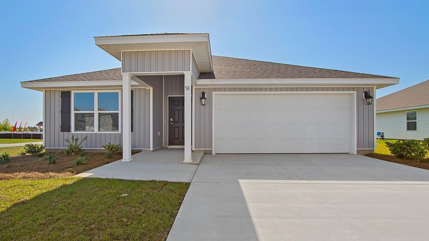 Welcome to 58 Sawbrier Street, a new home in the Owl's Head East community of Freeport Florida. This move-in ready home offers a harmonious blend of space, style, and comfort. As you enter this home you will find a welcoming covered entry to a warm foyer. The entry hall is flanked by two bedrooms on one side and the fourth bedroom just opposite. The guest bedrooms share a full bathroom that is adorned with a single sink vanity and shower/tub combination—every detail is thoughtfully considered. The heart of the home opens to a grand living space where the kitchen is complete with a large center island, white cabinetry, and a corner pantry. The kitchen flows seamlessly into the dining area. Generous windows bathe the living room in natural light, crafting an inviting ambiance. Retreat to the primary bedroom at the rear, with a spacious bathroom complete with a dual sink vanity, oversized shower, and spacious closet. Step outside to your back patio, a tranquil spot for savoring your morning brew or unwinding after a long day. Quality touches like EVP flooring, plush bedroom carpeting, granite countertops, and Whirlpool® stainless steel appliances elevate the interior. Smart Home Technology and a smart keyless entry door lock grant you added security and ease to your daily life. This home's architecture shines with vinyl siding, dimensional shingles with a 30-year warranty, and exterior lighting. The lush lawn and inviting flower bed complete the picture of this perfect home. Contact us and tour today!