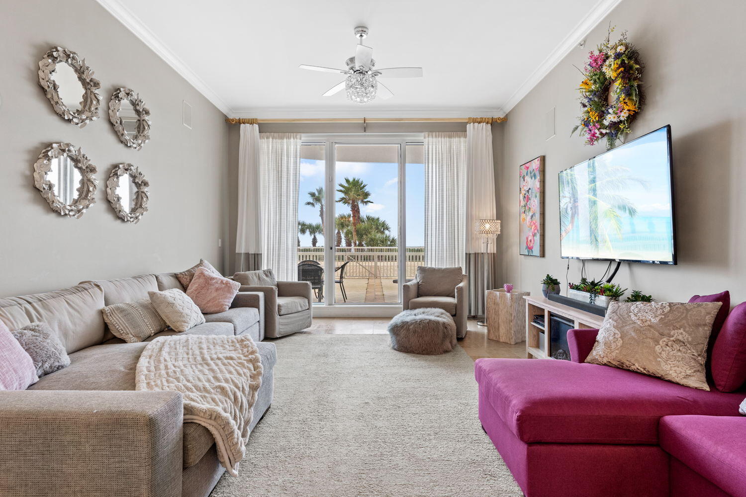 This elegantly designed condominium comes fully furnished with 3 bedrooms, 3 bathrooms, and an additional set of bunkbeds. The unit includes 12' ceilings, multiple chandeliers, and a spacious layout that makes the perfect setting to host family and friends for entertainment. Unit 203 also boasts a large private lanai with beautiful Gulf views for you to sit out and enjoy the gorgeous sunsets across the emerald green water. In the mornings you can enjoy a nice peaceful walk along the infamous white sandy beaches of Destin. This unit has it's own private garage and storage space. As a first-floor unit no elevators or stairs are required, making this unit compatible for grocery trips, beach supplies, and simplified directions for guests. St. Thomas is a private owners-only building