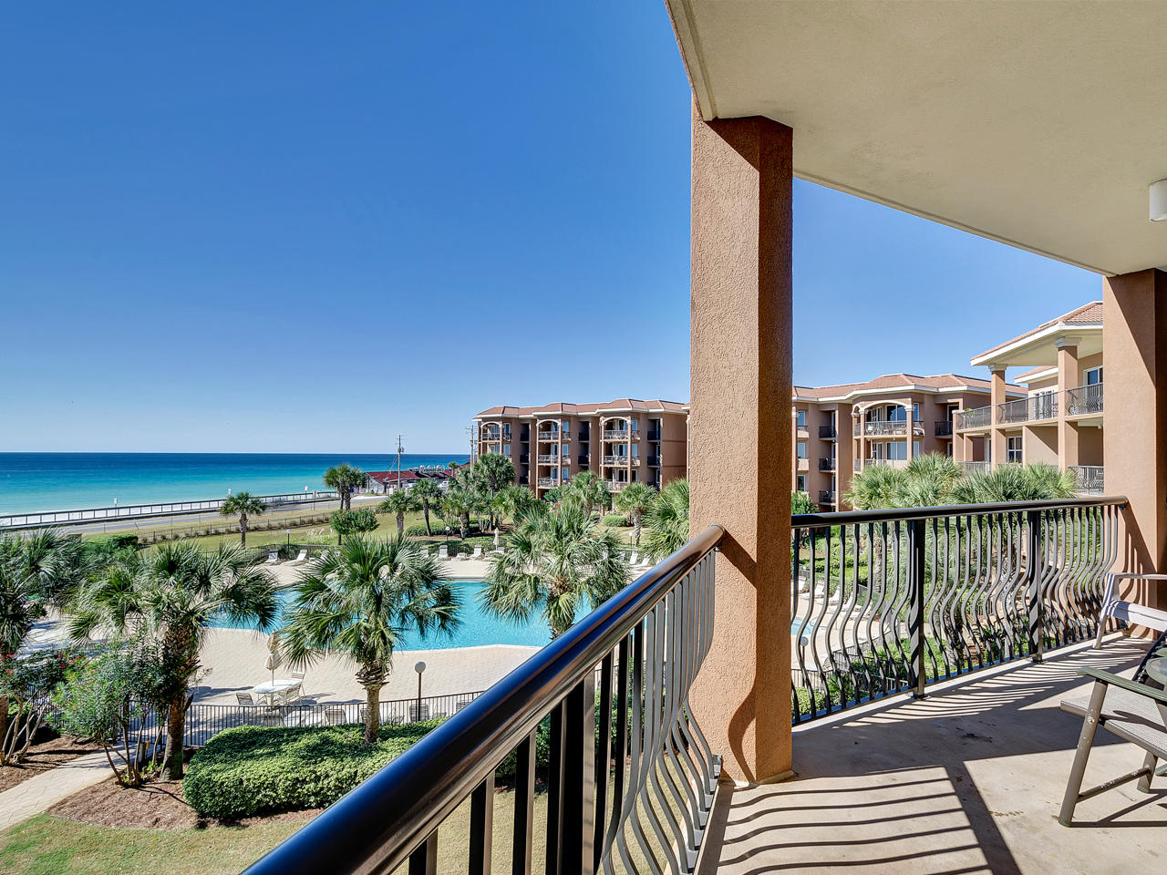 Mediterranea is one of the most attractive condo complexes along Scenic 98. This gated community features private beach access, a lagoon pool with poolside spa, tennis courts, fitness center, community clubhouse and will allow Owner pets.This spacious unit has spectacular Gulf views and is perfectly positioned to maximize your view while minimizing direct sun exposure! The living room and both bedrooms have private balconies. Unit boasts large open floor plan, kitchen with granite countertops, Australian Cypress wood floors, 9 ceilings, crown molding and separate laundry room with washer & dryer. Unit also has an assigned covered parking spot. New carpet installed in both bedrooms in December 2017.Buyer to verify square footage and any and all information deemed important to the