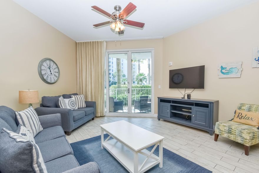 Motivated Seller!!!  This 2-bed, 2-bath condo offers the perfect blend of comfort and convenience at the highly sought-after Palms of Destin Resort. The ground-floor unit features a spacious open floor plan with tasteful finishes, a fully equipped kitchen with granite countertops, and a private patio just steps from lush landscaping.  Enjoy world-class resort amenities, including a lagoon-style pool with waterfalls and a heated spa, a children's splash pad, fitness center, tennis, pickleball, and basketball courts, on-site dining, and a free beach shuttle. Ideally located minutes from Destin's beaches, shopping, and dining, this condo is perfect as a residence, vacation home, or investment property.  Buyer to verify all dimensions.