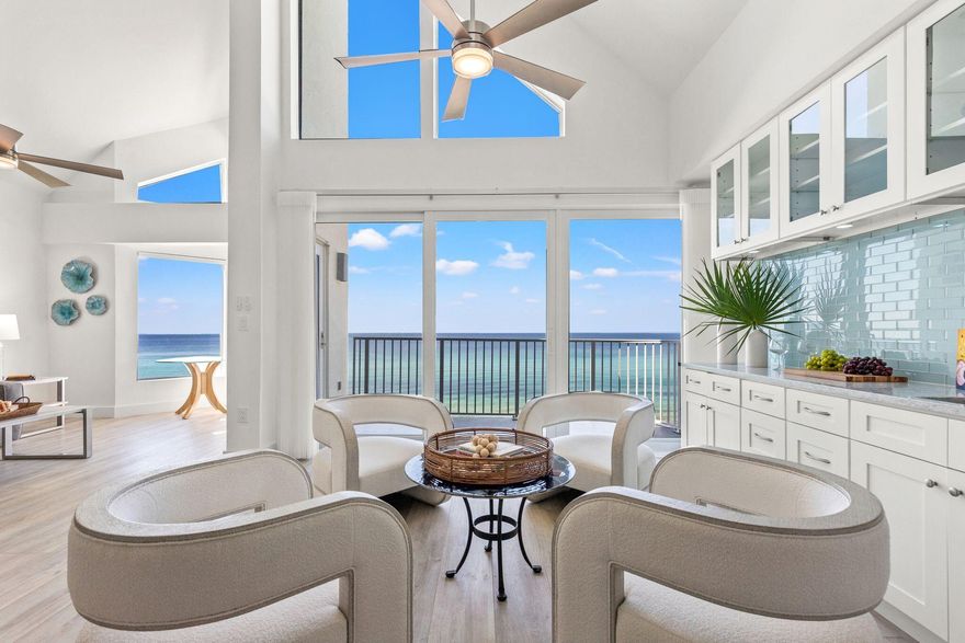 Experience gulf-front living at its finest in this newly remodeled top-floor condo at Tranquillity On The Beach, perfectly located on the East end of 30A. This stunning two-story condo offers panoramic Gulf views and has undergone a complete interior and exterior renovation, making it feel like a brand-new home. Featuring 3 spacious bedrooms and 3 full bathrooms, this residence is designed for ultimate comfort and relaxation.The upstairs master suite boasts new floor-to-ceiling windows, providing a seamless, uninterrupted Gulf view so you can wake up to breathtaking vistas right from your bed. The ensuite bath offers both privacy and style, creating a true retreat. The kitchen has been fully updated with sleek cabinetry, modern smart appliances, and a breakfast bar ideal for entertaining. An open living area showcases soaring ceilings, abundant natural light, and walls of glass framing the turquoise waters beyond.
Every detail has been thoughtfully upgradedfrom new impact windows and doors throughout to smart-home technology that controls appliances, lighting, thermostat, and more, all accessible via an included iPad. A Sonos sound system with WiFi speakers is also integrated, making entertaining effortless.
Tranquillity itself has completed a complete exterior transformation, including a new roof, new balconies, fresh paint, resurfaced pool, waterproof-coated walkways, and updated exterior lighting. All assessments have been paid, ensuring peace of mind for the next owner. Additional conveniences include one assigned parking space plus access to an overflow lot just north of 30A, private storage, and a gated, low-density community setting.
