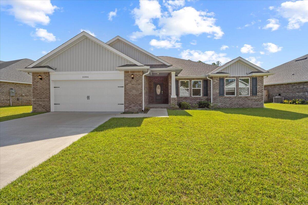 Charming nearly new 4-bedroom ranch on a quiet street in the pleasant new Navarre community ''Secret Isle Estates.'' Completed in 2024, everything about this 2,169 sq. ft. home lives like new.Approaching the home from the street, you'll notice the beautiful landscape and spacious front porch, perfectly sized for a pair of rocking chairs, a good book, and a glass of iced tea.As you enter the foyer, you'll love the fresh open floorplan offering plenty of light. The main living area is centrally located and allows for easy flow throughout the home.In the spacious eat-in kitchen, you'll notice new appliances, a large island, and generous storage throughout the cabinets and pantry, along with easy access to the backyard for those evenings at the grill. A covered rear porch provides shade and a great view of the oversized backyard and wooded backdrop, offering plenty of space for a future pool.
With the owner's suite to one side, and all additional bedrooms to the other, this layout offers plenty of privacy when guests visit.
You'll also love the convenient access to the 2-car garage through the mudroom/laundry room along with additional closet storage.
Located at the back of the house, the owner's suite offers large windows overlooking the privacy of the spacious tree-lined backyard, along with direct access to a grand 5-piece primary bathroom featuring dual vanities, an oversized tub, walk-in shower, and linen closet. The oversized primary walk-in closet offers more than enough space and also allows convenient access to the laundry room.
Across the home, you will find 3 additional bedrooms, each offering ceiling fans and spacious closet storage. You will also notice a full guest bathroom and an additional hall closet.
Secret Isle Estates is loved for its convenient location, beautiful streetscape, and quiet down-home feel. You will love your new neighbors and the sense of community this new neighborhood provides.
Recent upgrades include solid surface LVP flooring throughout all bedrooms, along with ceiling fans, subway tile kitchen backsplash, fenced-in backyard, and professionally epoxy-coated garage floor. All just 16 miles from the stunning white sands of Navarre Beach.
Information provided to the best of the sellers knowledge, Buyer to verify all pertinent information. Sellers preferred closing attorney Fountain & Bridgeford, PLLC 2045 Professional Ct Navarre, FL 32566