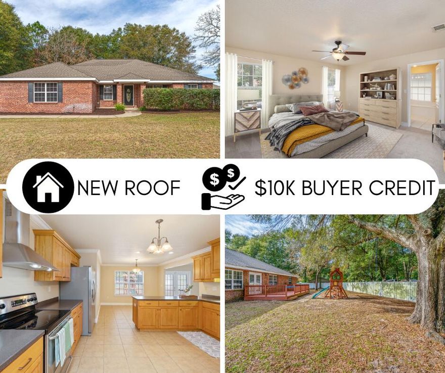 *Quality built BRICK home on a beautiful flat 1/3 lot!* This property was originally built by local custom home builder, Tew Construction, and has been recently refreshed w/new paint, new carpet, new blinds, new deck AND new roof @ closing! $10K credit to Buyers CC. The prime location is just a short walk to Walker Elementary and a 5 minute drive to the new Publix strip, community library, & local restaurants. Split floorplan offers a large, private primary suite w/great closet space.2 guest bedrooms are ample in size and well lit w/natural light. Kitchen has custom cabinetry, solid countertops, large pantry, & eat-in area. Wonderful backyard accented by mature oaks & fully enclosed by white vinyl fence.The extended deck is the perfect spot for friendly cookouts in years to come!