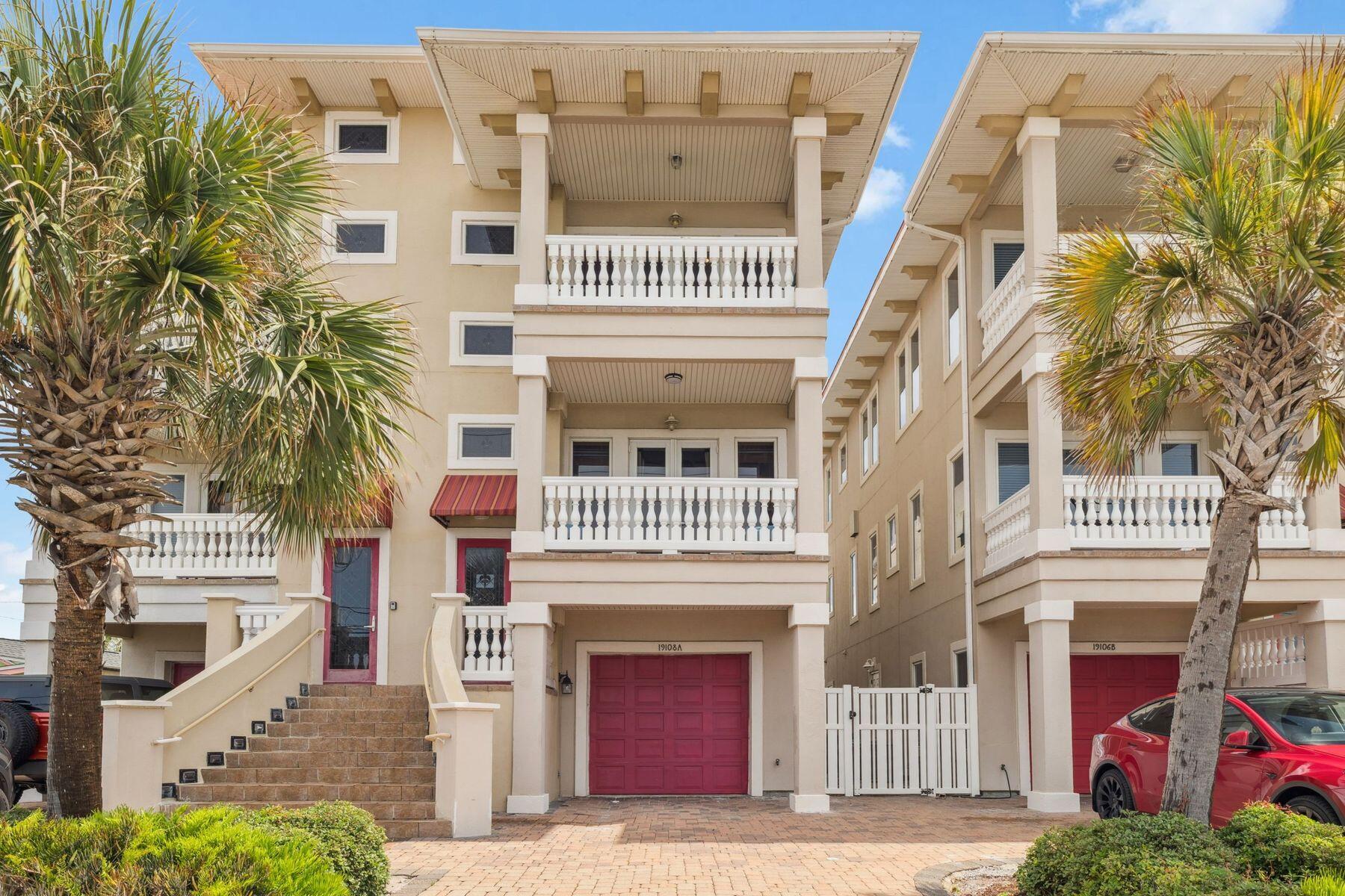 Enjoy preserved gulf views and the sound of waves from this five-bedroom townhome, perfectly positioned just steps from the beach. Spend your days on the sand or relaxing in the private courtyard, complete with a pool and spa. Open the doors to any of the four covered terraces, with two offering unobstructed views of the gulf, and soak in the fresh sea breeze. The pavered driveway provides ample parking and leads to a charming stained-glass entry. Inside, the first floor features an oversized air-conditioned garage with elevator and interior stair access, as well as a cabana-style guest studio complete with a full kitchen, bunk beds, ensuite bath, and direct pool access- perfect for extended family or guests. On the third floor, an open-concept living area is framed by expansive picture windows that showcase the gulf. The kitchen seamlessly flows into the dining and living areas, providing seating for both casual and formal gatherings. This level also includes a guest bedroom with a private bath and balcony. The second floor features three additional bedrooms, each with an en-suite bathroom, as well as a laundry room for added convenience. While the home offers incredible views and ample space for family and guests, it also presents an excellent opportunity to update and personalize its full potential. Conveniently located next door to Thomas' Donuts, and just down the street from the Carousel Supermarket. Pier Park is 3 miles away with movies, restaurants and shops and Scenic Highway 30A, just 6 miles away offering a plethora of activities. This is coastal living at its finest.