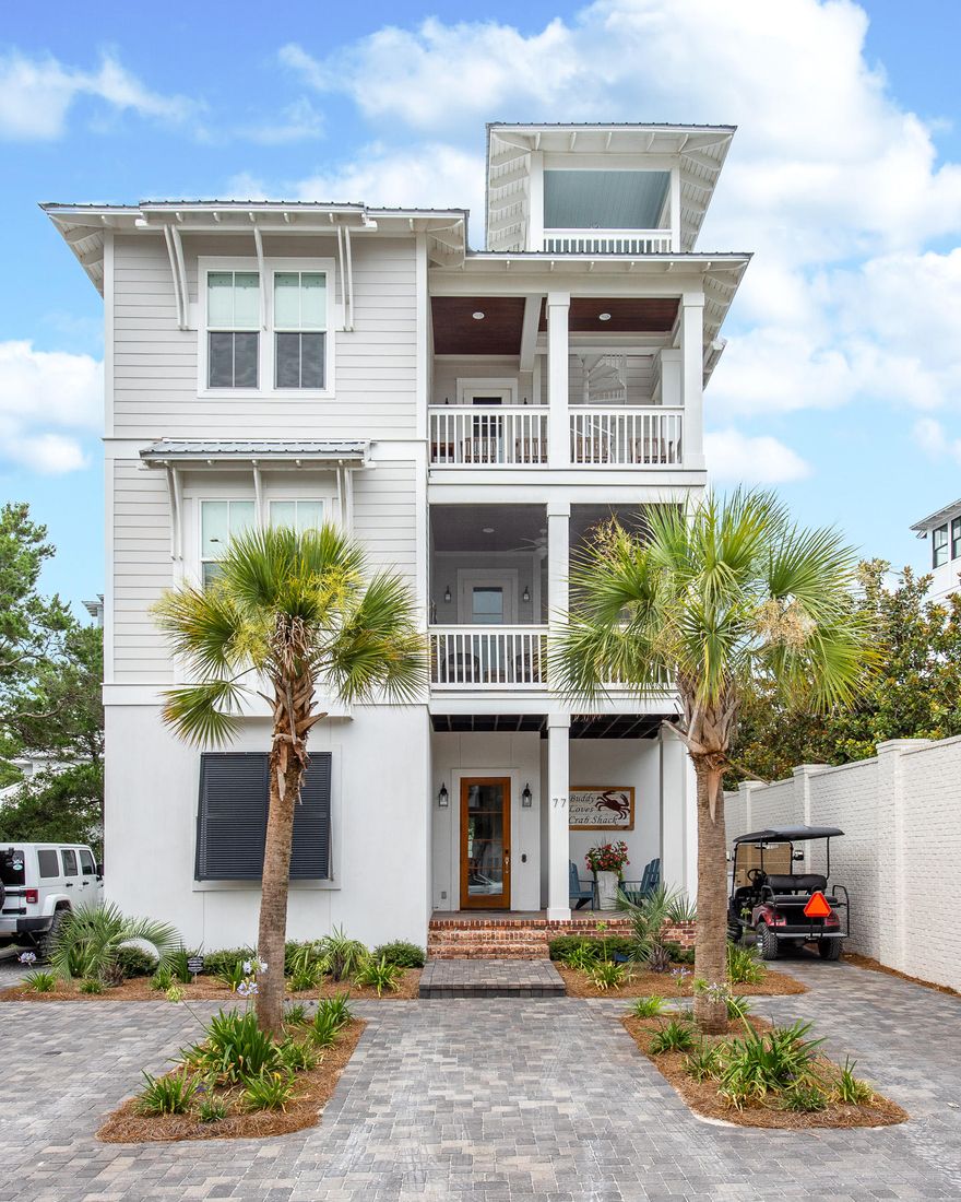 Located in the heart of Old Seagrove Beach, just a few stairs from Seaside, this home is the epitome of relaxation and family fun. Situated less than a tenth of a mile to the sugar white sands and emerald waters of the Gulf of Mexico, this property boasts stunning gulf views. Characterized by astonishing architecture and a well-thought-through floor-plan, this home truly has it all. Designed for the ultimate vacation experience, 77 E Grove offers 8 on-suite bedrooms, 8 full bathrooms, 1 half bathroom and a large open-concept living area. Features of the home include a chef's kitchen with huge island; an incredible outdoor space with private pool and spa; a wet-bar or kitchen on every level; complete AV system including music throughout, cameras and security; an elevator; 2 custom bunk
