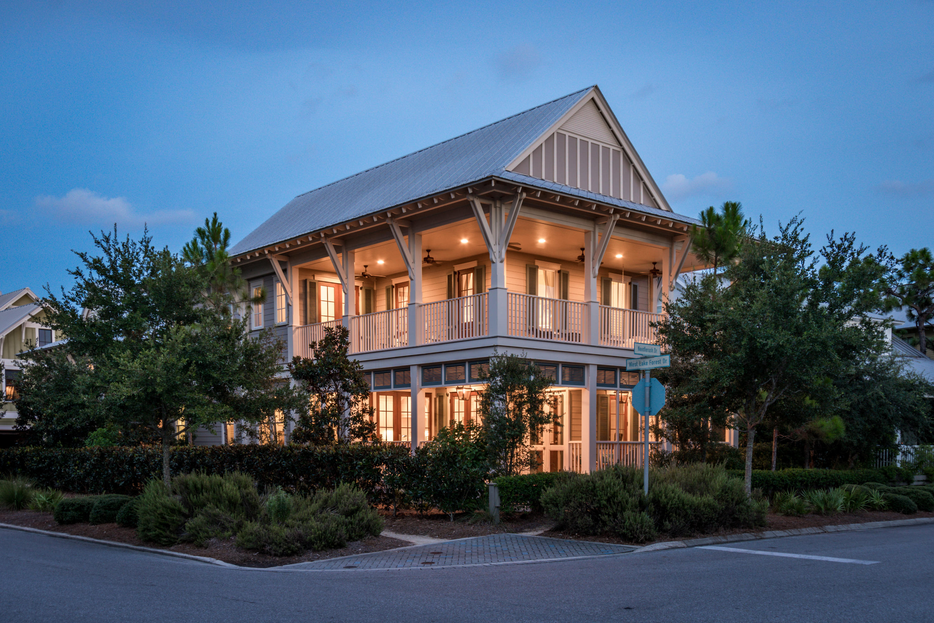 Exceptional T.S. Adams designed beach home located in the highly desirable Lake District of Watercolor. This immaculate 5 bedroom, 6 bath home has never been rented and is being offered fully furnished and turn key! This home has multiple master suites, can easily accommodate large families and is perfect for entertaining guests! Descriminating buyers will appreciate the open concept layout that flows seamlessly into the amazing outdoor spaces. Large wrap around porches on both levels of the home and a beautiful courtyard space with a private, heated dipping pool encourage a casual outdoor lifestyle. Conveniently located just one block from the very popular Sand Hill Park & Frog Pool!