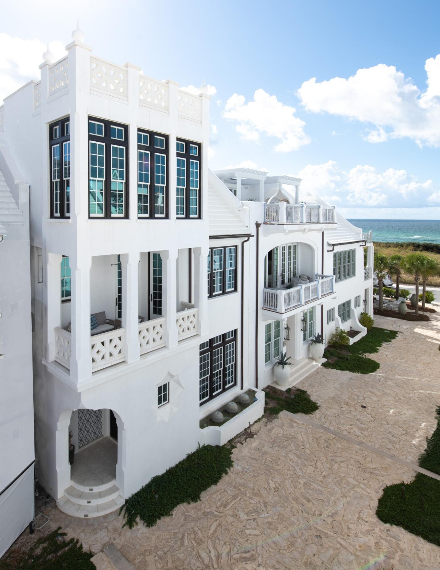 Very rare tower lot house south of 30A in Alys Beach that was allowed to built a story taller than the surrounding homes. A fourth-floor rooftop terrace overlooks the entirety of Alys Beach with direct water views. Fronting Sea Garden Pedestrian Path, 25 Robins Egg Court is mere steps away from the Private Owner Alys Beach Club and Beach Access. Designed by Domin Bock Architects, this 4,572 sf custom home offers 4 bedrooms, an additional living room, a private courtyard pool oasis, an elevator, and a large 2 car garage. Two master bedroom suites having dual vanities, a tub, a separate shower and walk-in closets ensures guests or family feel right at home. 200 year old reclaimed beams, venetian plastered walls and ceilings, quartzite countertops,