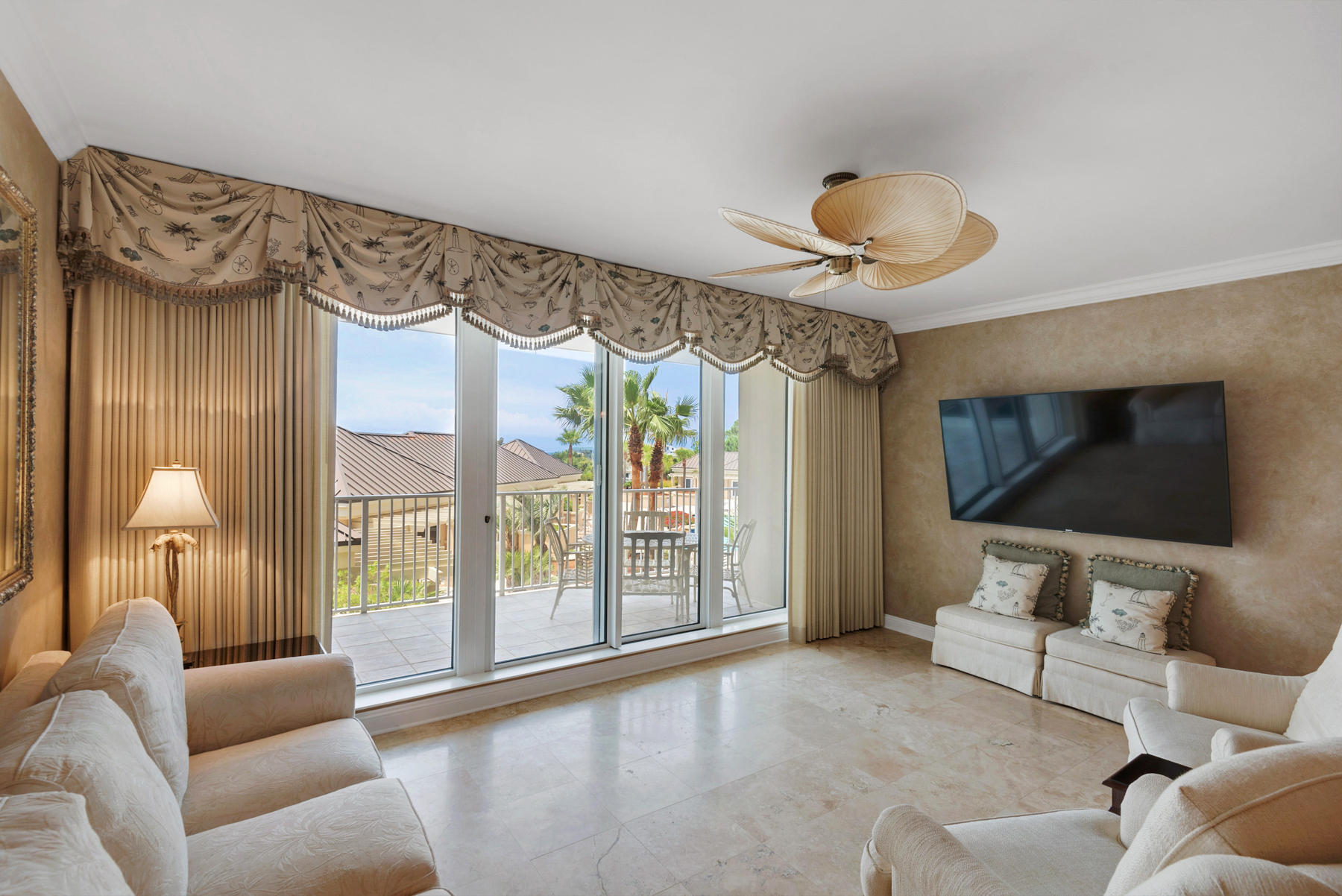 Experience luxury resort living at One Beach Club Drive. Travertine flooring and crown molding flow throughout this stunning condo. Kitchen has an abuindance of cabinetry & breakfast bar all topped with granite. Master bedroom suite is zoned and features large walk-in closet, private access to the balcony. Master bedroom features large bathroom walk-in closet and private access to the balcony. Relax in the master baths large whirlpool tub. Two additional guest bedrooms one large (holds two queen beds)w/private bath. Beautiful designer touches and treatments throughout. When purchasing in OBCD you get exclusive membership to The Beach Club. Owner has deeded pool side cabana fully furnished to be sold separately.
