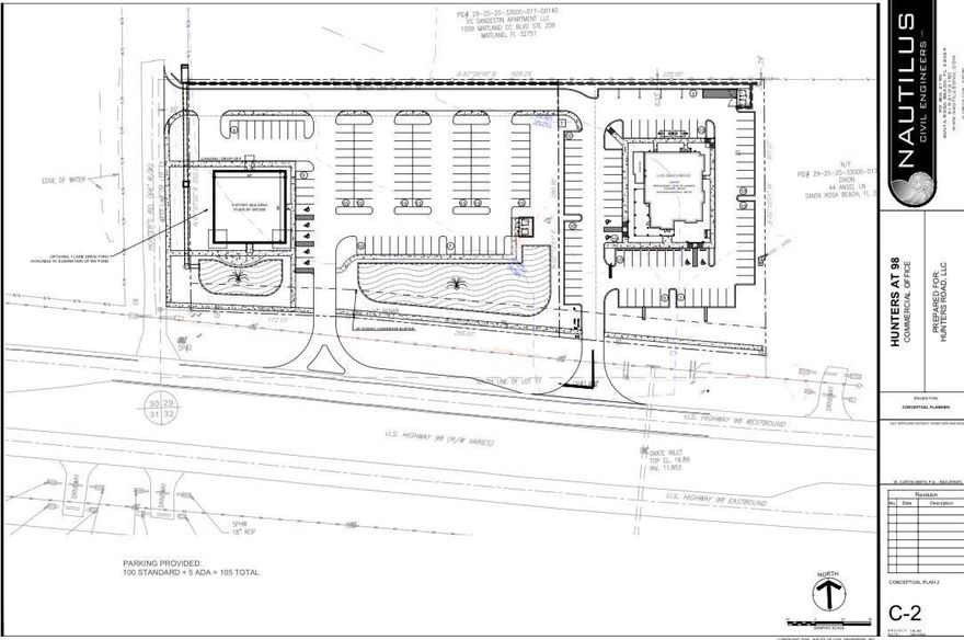 Great business location in a busy, growing area with high visibility on Highway 98. Property is on the the western portion of the property. See property sketch in the documents tab, this is mainly to discuss the potential use of the property. This parcel is perfect for 8,000 to 30,000 sq. ft. or more office building, retail space, or restaurant.Owner/managing member of Hunters Road, LLC is a licensed realtor in the state of Florida and developer of 30 plus years. Owner is willing to assist buyer in obtaining their development order and price includes all D.E.P., any Army Corps or water management permits as part of the sale.