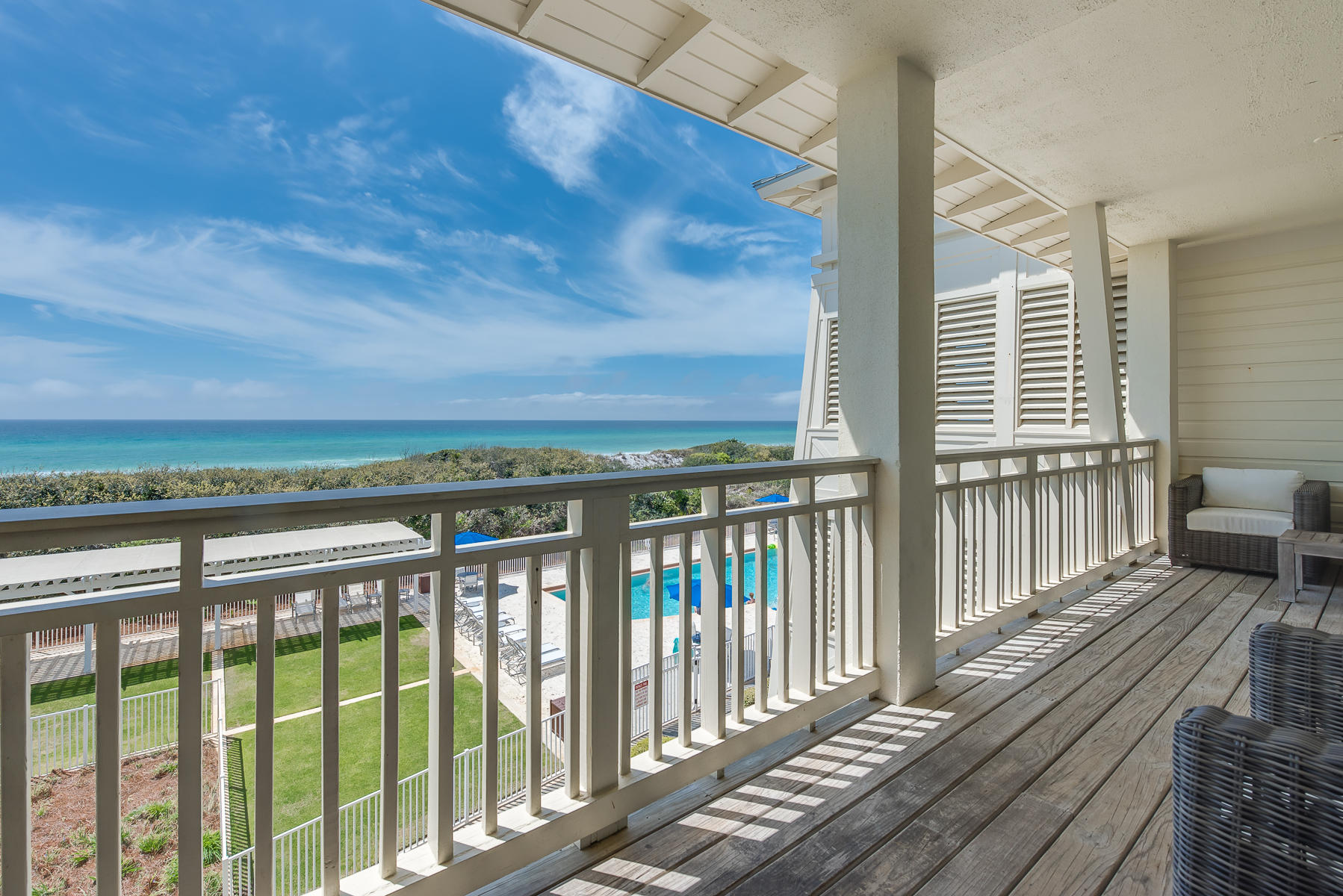 Recently painted and updated, this condo is ready to go for the season. Enjoy gorgeous Gulf and pool views throughout this beautifully appointed 4BR/4BA Gulf front condominium in the coveted WaterColor community just a -1/4 mile from Seaside! Located on the 3rd and 4th floors of a 22-unit building, this accommodating residence features dual master suites, two additional guest suites, a large kitchen with a breakfast bar, a separate dining area and two spacious balconies with stunning views. Design finishes include crown molding throughout, low maintenance tile floors perfect for the beach, granite countertops, board and batten wainscoting,