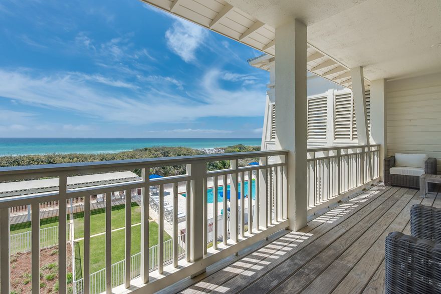 Recently painted and updated, this condo is ready to go for the season. Enjoy gorgeous Gulf and pool views throughout this beautifully appointed 4BR/4BA Gulf front condominium in the coveted WaterColor community just a -1/4 mile from Seaside! Located on the 3rd and 4th floors of a 22-unit building, this accommodating residence features dual master suites, two additional guest suites, a large kitchen with a breakfast bar, a separate dining area and two spacious balconies with stunning views. Design finishes include crown molding throughout, low maintenance tile floors perfect for the beach, granite countertops, board and batten wainscoting,