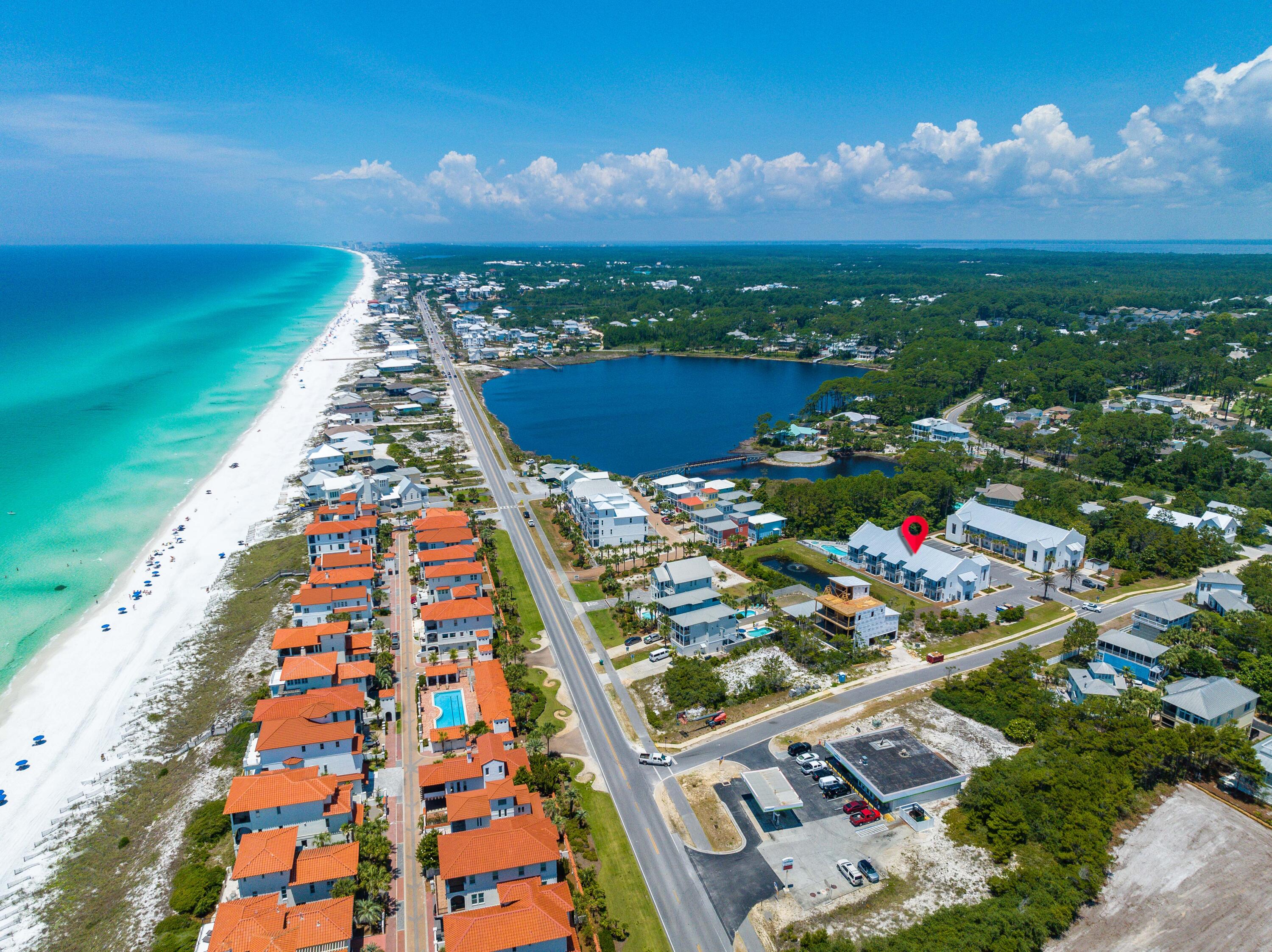 Enjoy listening to the sound of crashing waves from the Gulf while you relax on the terrace of this new three-bedroom two bath Azure of 30A unit. Experience the laid-back quiet environment afforded you in this exclusive 19-unit complex. Just steps away from two beach accesses you can take a leisurely walk to the beach to enjoy evening sunsets. Azure of 30A features a resort style heated pool and a separate spa for you and your guest's year-round enjoyment. Developed by premier builder, Cole construction, units include features such as Mohawk flooring, 10-foot ceilings throughout, 8-foot solid shaker panel doors, smooth finished interior walls and shaker style cabinets with quartz countertops. Three full bedroom units, third BD set up with custom built in bunk beds.