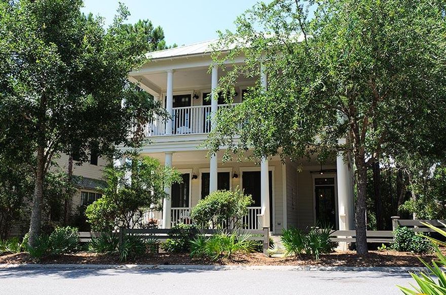 This is a fabulous 4 bedroom two story home professionally decorated to convey the peaceful feel of beach living.The home backs to preserve area and fronts Crossvine Park and is positioned on a spacious corner lot with four expansive wraparound porches (1400 sq feet) that are designed to let you enjoy the outdoors in comfort. Every bedroom has French Doors opening to a covered outside porch that offer ample seating. First floor offers a guest bedroom, large living area and kitchen/dining. The second floor offers the Master bedroom and 2 additional guest bedrooms.Perfect location with Camp WaterColor being only a block away.