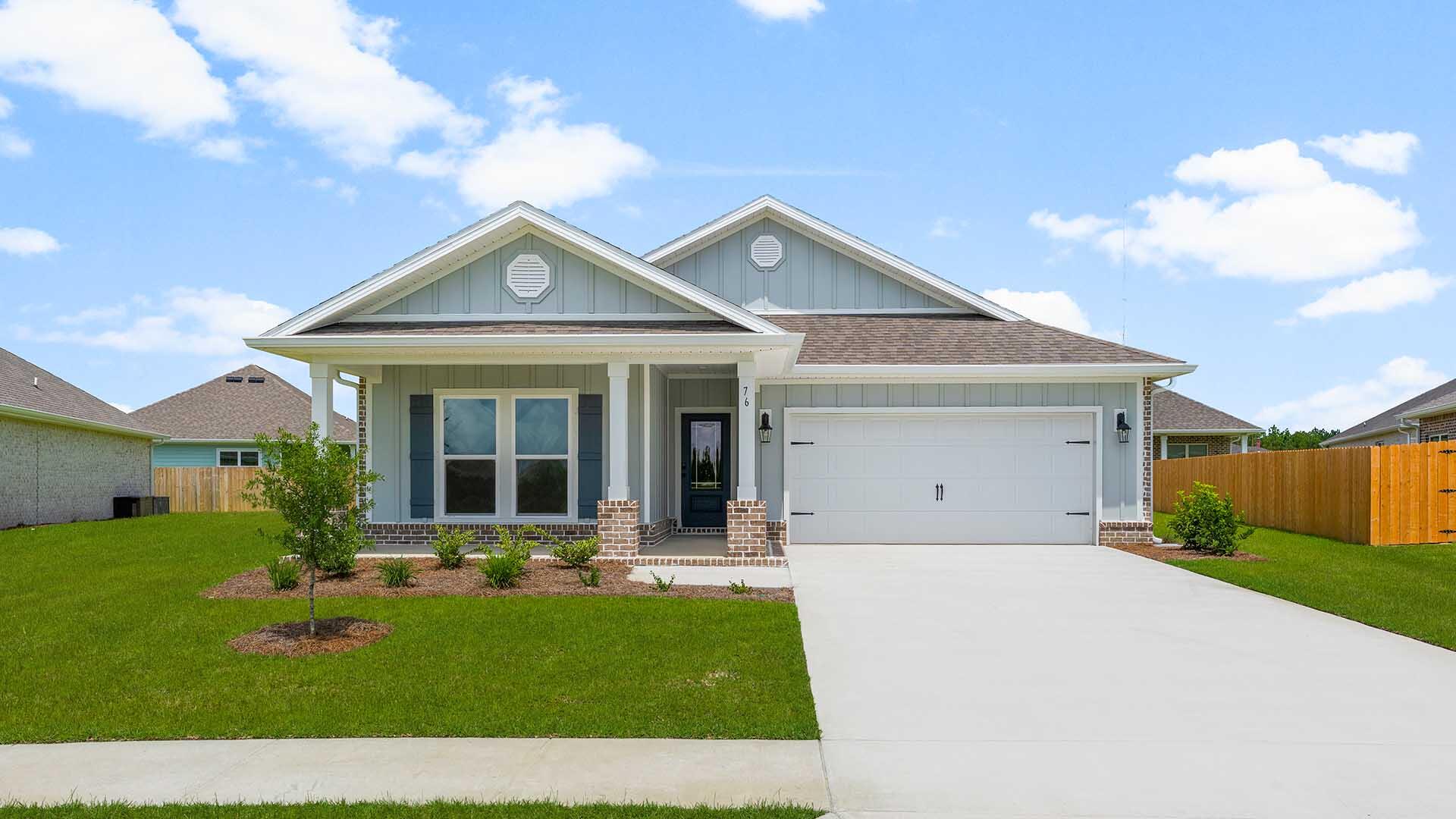Welcome to the 76 Grass Owl Loop, a new home at Owls Head Farms in Freeport Florida. This home features a welcoming and elegant foyer that leads into a spacious open concept living area with 9' ceilings. The kitchen features quartz countertops with a tile backsplash, brand name stainless steel appliances including a stove, microwave and dishwasher, as well as an oversized island, is open to the large great room and dining area. The dining area and great room are flooded with natural light, offering a warm and inviting atmosphere making this space the heart of the home. The primary bedroom is located at the back of the home, includes a luxurious bathroom with dual vanities, a large shower, separate soaking tub, and a spacious closet. There are four additional bedrooms, each with ample closet space and easy access to two shared bathrooms. This home features just over 2,000 SF. EVP flooring throughout the home, offers a seamless transition between rooms.
Additional features include a covered back porch, a two-car garage, and a laundry room centrally located for convenience. All DR Horton homes come complete with smart home technology. These features include DEAKO?? Smart Switches, Kwikset keyless entry on the front door and other smart features all within the home. The Riverside combines modern design with functional living spaces, making it a standout choice for larger families or those that need extra space who work from home. Contact a D.R. Horton Sales Representative to schedule your tour.